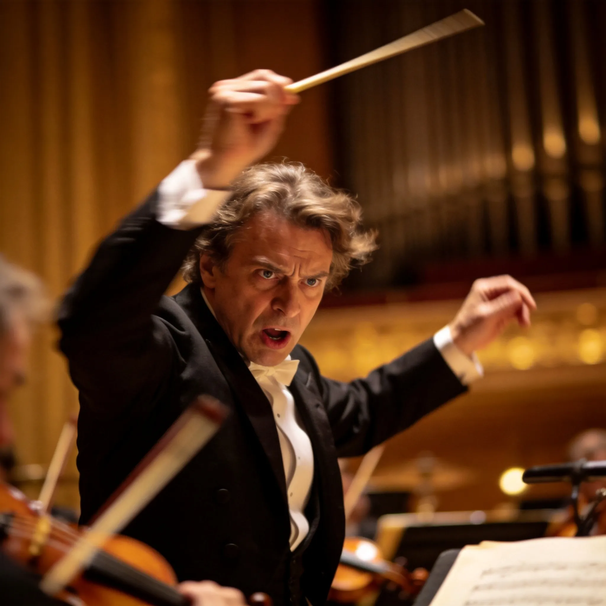 A conductor passionately waving their baton at a concert, their face full of expression