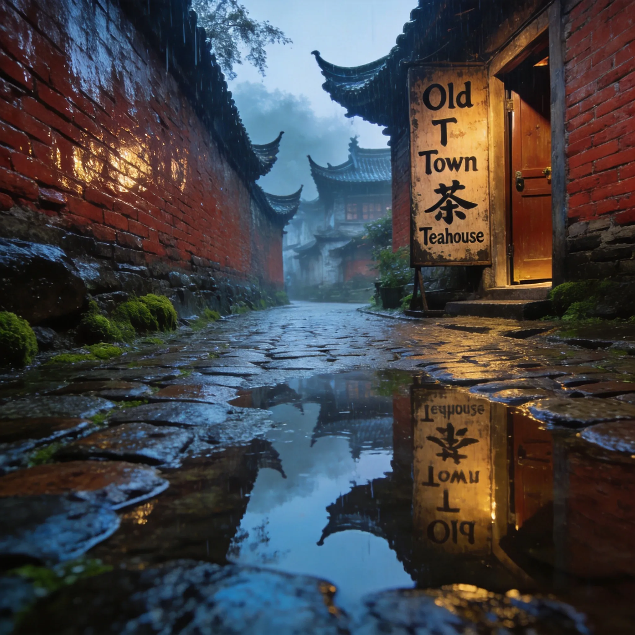 Cobblestone street after rain, reflections of ancient buildings in puddles, damp red brick walls, teahouse with vintage signs, fresh moss scent in the air