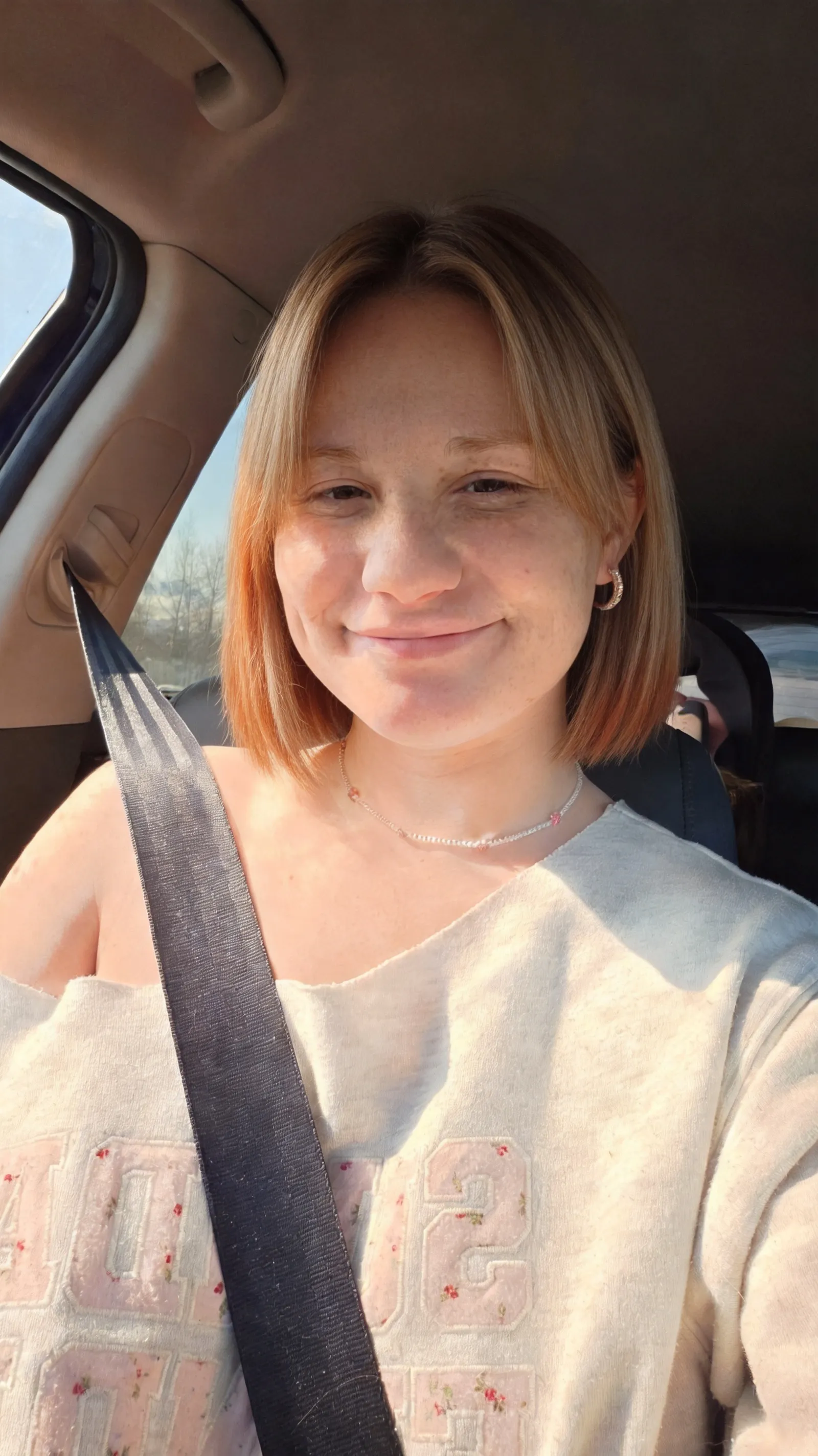 Change my hair style to A-Line dirty blond Bob with copper peekaboo.