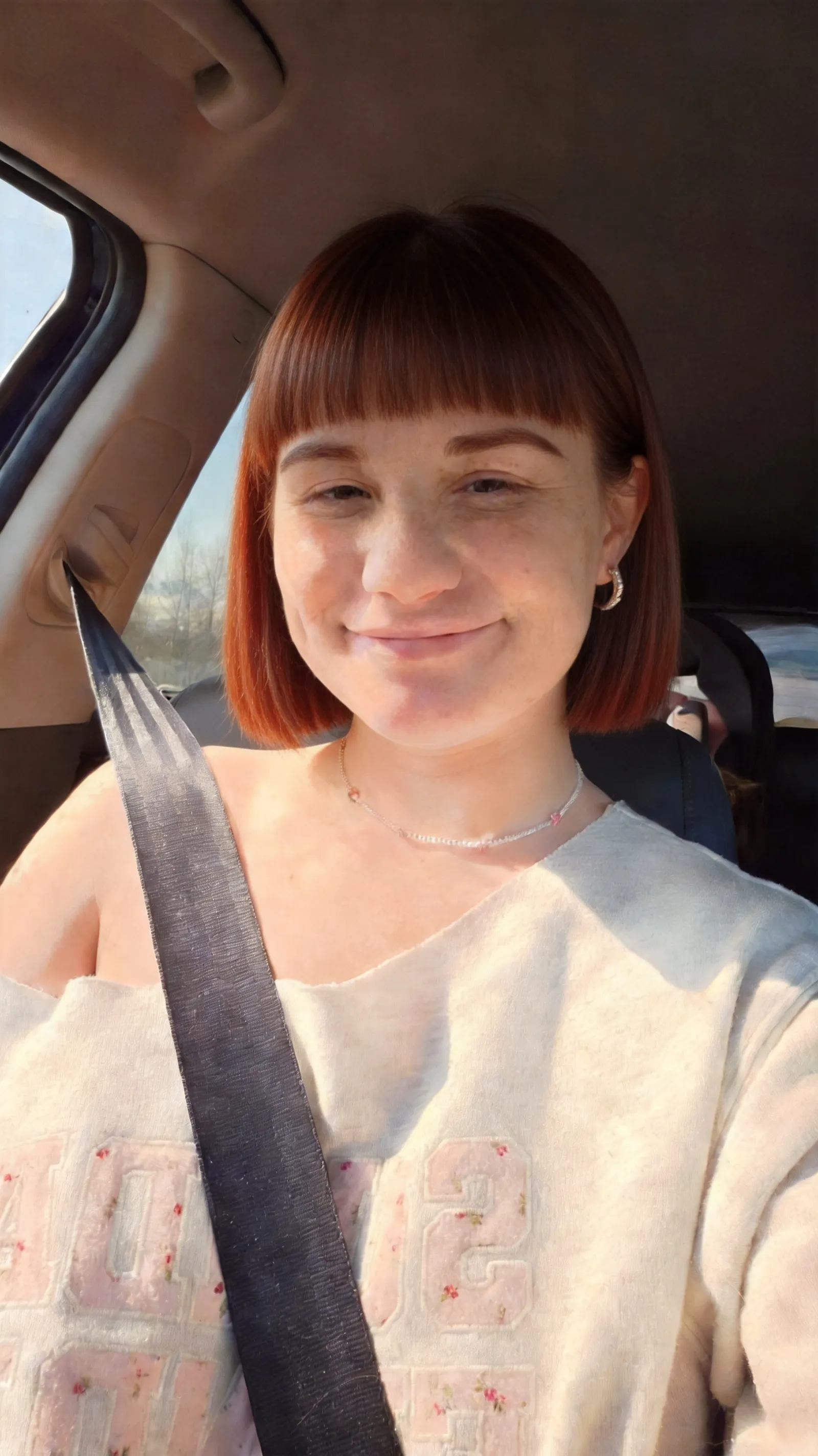 Change my hair style to A-Line Bob. With dark copper colors and dark copper eyebrows