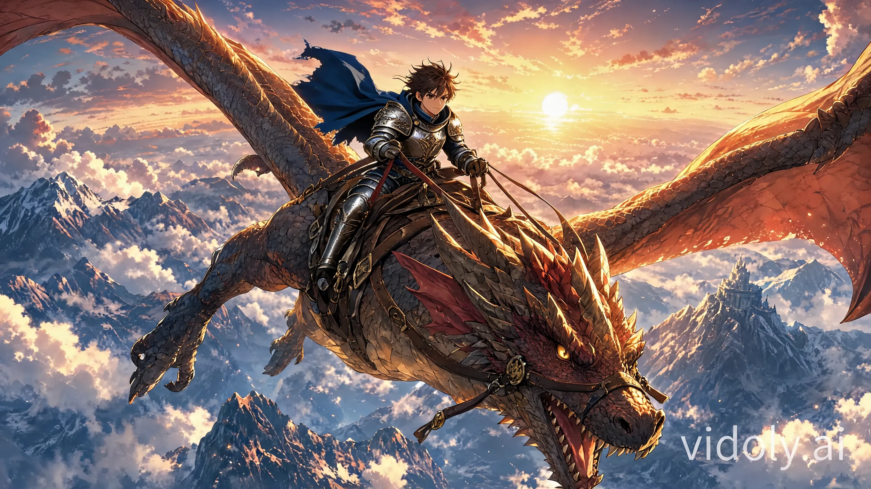 Inpaint character outfit task based on the provided image. Keep the giant dragon, its saddle, the reins, the rider's pose, and the spectacular mountain sunset background completely identical. Modify only the rider's clothing and gear: replace his traditional leather and cloth fantasy armor with heavy, ornate steel-plated knight armor. Replace his red cape with a tattered dark-blue cloak flowing in the wind. Ensure his hands still realistically grip the existing reins and the golden sunset glow reflects accurately onto the metallic surfaces of the new armor.