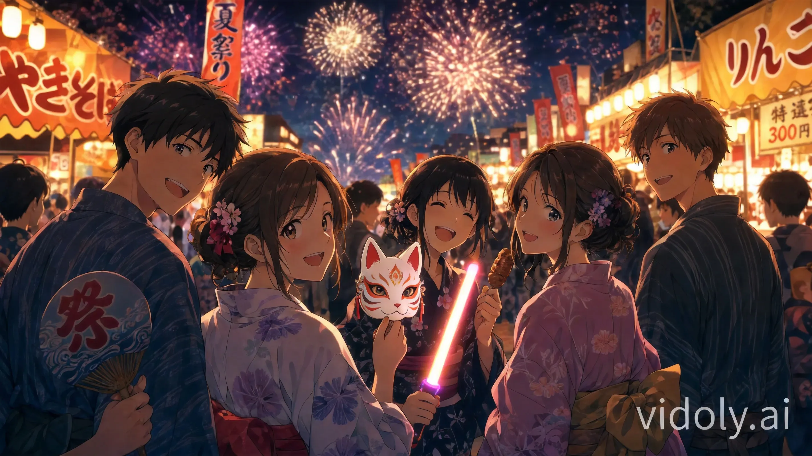 Object modification task based on the input image. Keep the five characters, their faces, clothing, and the background environment identical. Focus on the objects held in their hands: remove the candy apple and the shaved ice cup. In their place, inpaint a glowing neon festival light stick in the girl's left hand and a cute, detailed anime-style fox mask (Kitsune mask) being held by the middle girl. Ensure the grip of their hands remains anatomically correct and fits the new items perfectly.