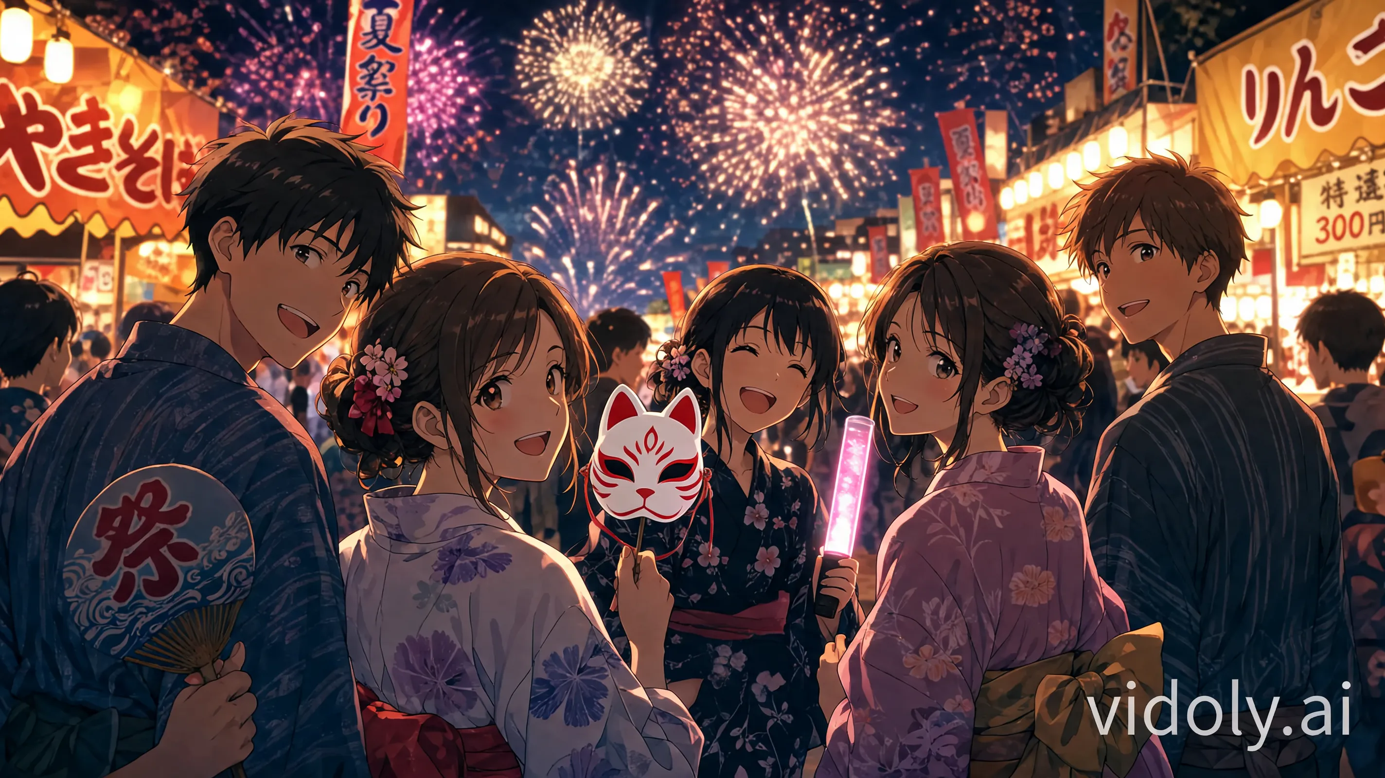 Object modification task based on the input image. Keep the five characters, their faces, clothing, and the background environment identical. Focus on the objects held in their hands: remove the candy apple and the shaved ice cup. In their place, inpaint a glowing neon festival light stick in the girl's left hand and a cute, detailed anime-style fox mask (Kitsune mask) being held by the middle girl. Ensure the grip of their hands remains anatomically correct and fits the new items perfectly.