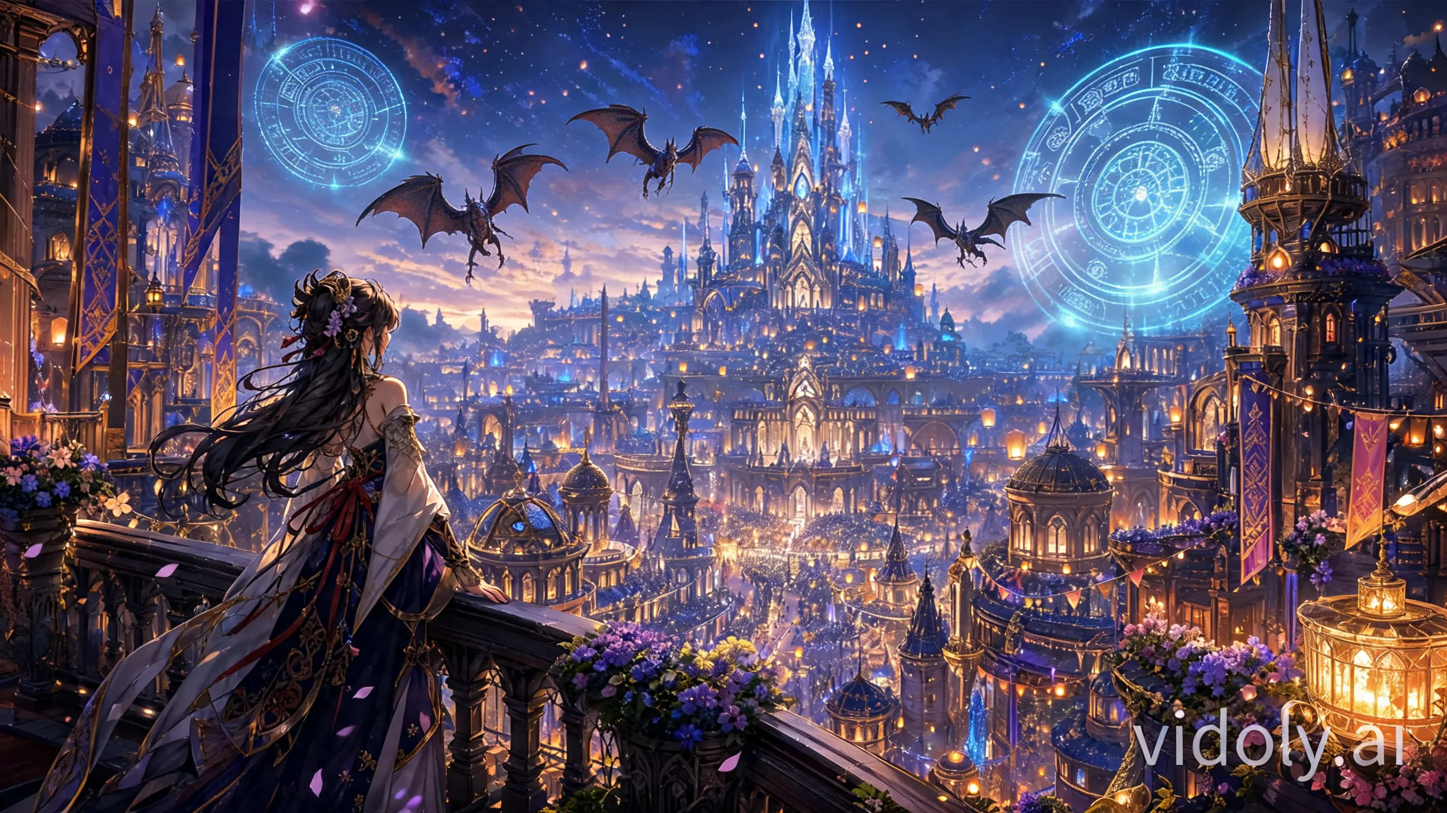 Object modification and atmosphere task based on the provided image. Keep the foreground female character, the balcony, the layout of the massive golden-lit city, and the central crystal palace identical. Focus on the sky elements: remove all floating sky lanterns and steampunk airships. In their place, inpaint a flock of majestic fantasy dragons soaring through the clouds, along with giant, intricate glowing magical arcane circles floating in the night sky. The light from the magical circles should tint the clouds and the tops of the city spires with a soft sapphire-blue glow.