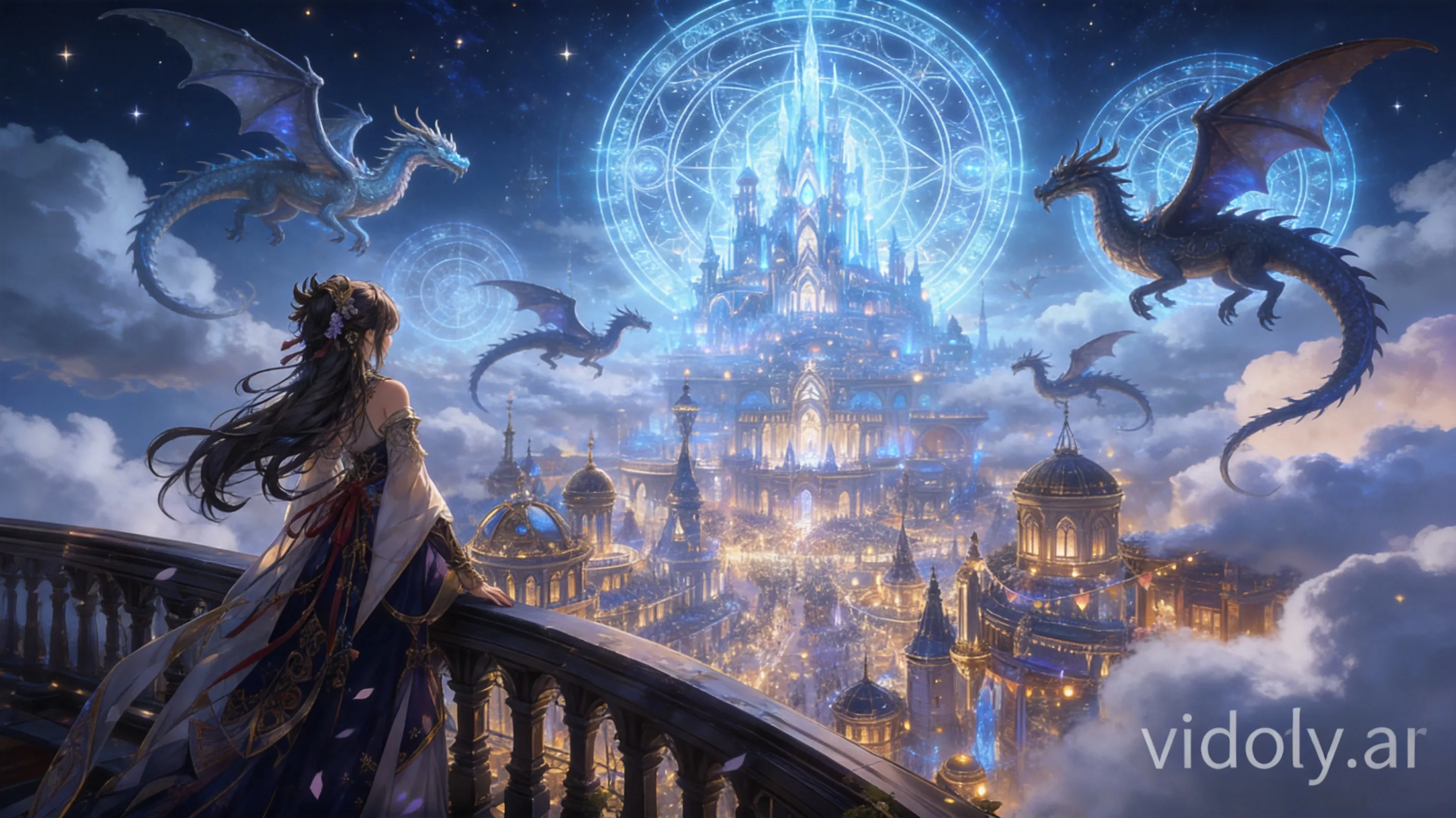 Object modification and atmosphere task based on the provided image. Keep the foreground female character, the balcony, the layout of the massive golden-lit city, and the central crystal palace identical. Focus on the sky elements: remove all floating sky lanterns and steampunk airships. In their place, inpaint a flock of majestic fantasy dragons soaring through the clouds, along with giant, intricate glowing magical arcane circles floating in the night sky. The light from the magical circles should tint the clouds and the tops of the city spires with a soft sapphire-blue glow.