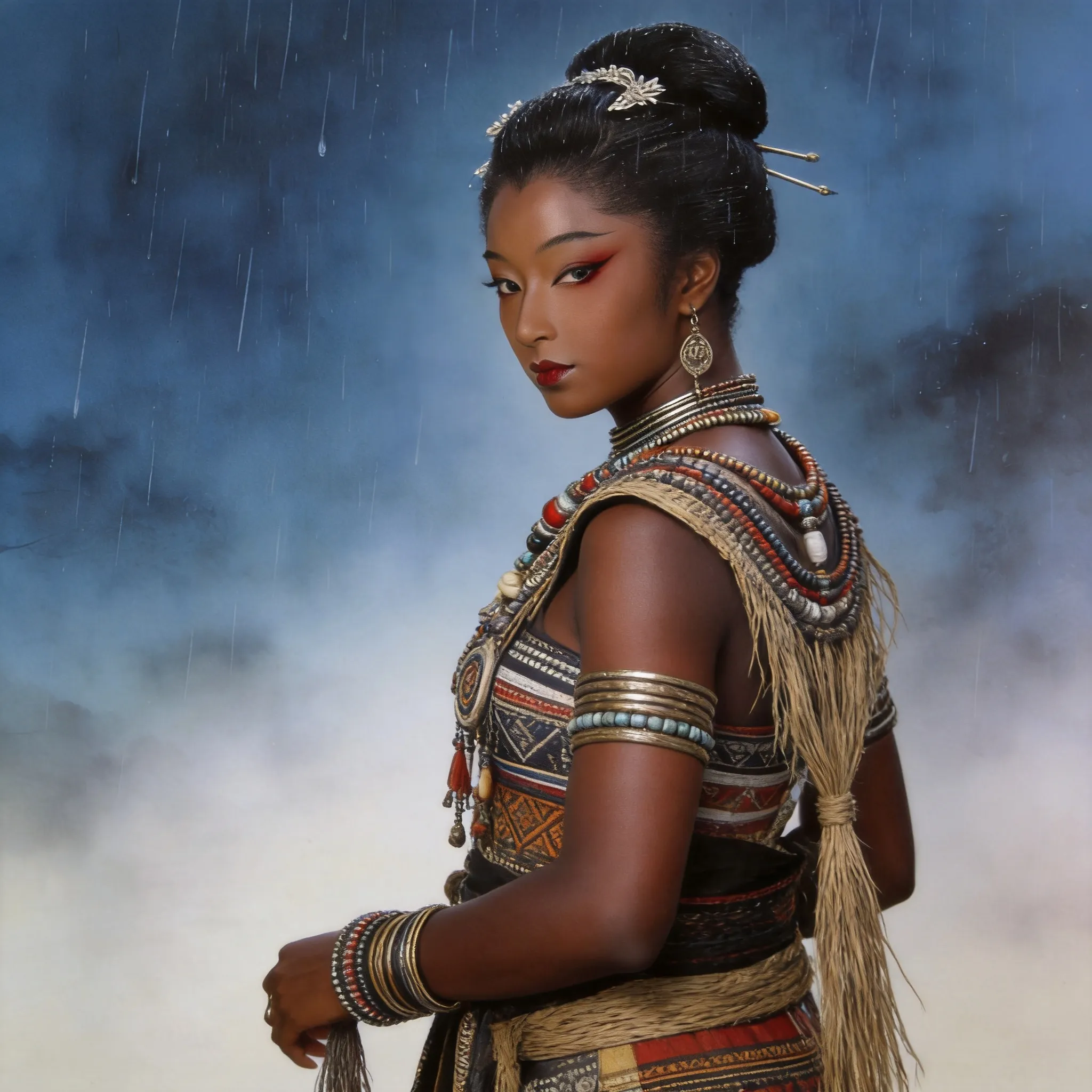 Transform the person into an African individual while preserving the original pose and expression. Change the clothing to authentic traditional African tribal attire with cultural patterns, handcrafted accessories, and natural materials. Realistic appearance, rich details, high-quality photography.