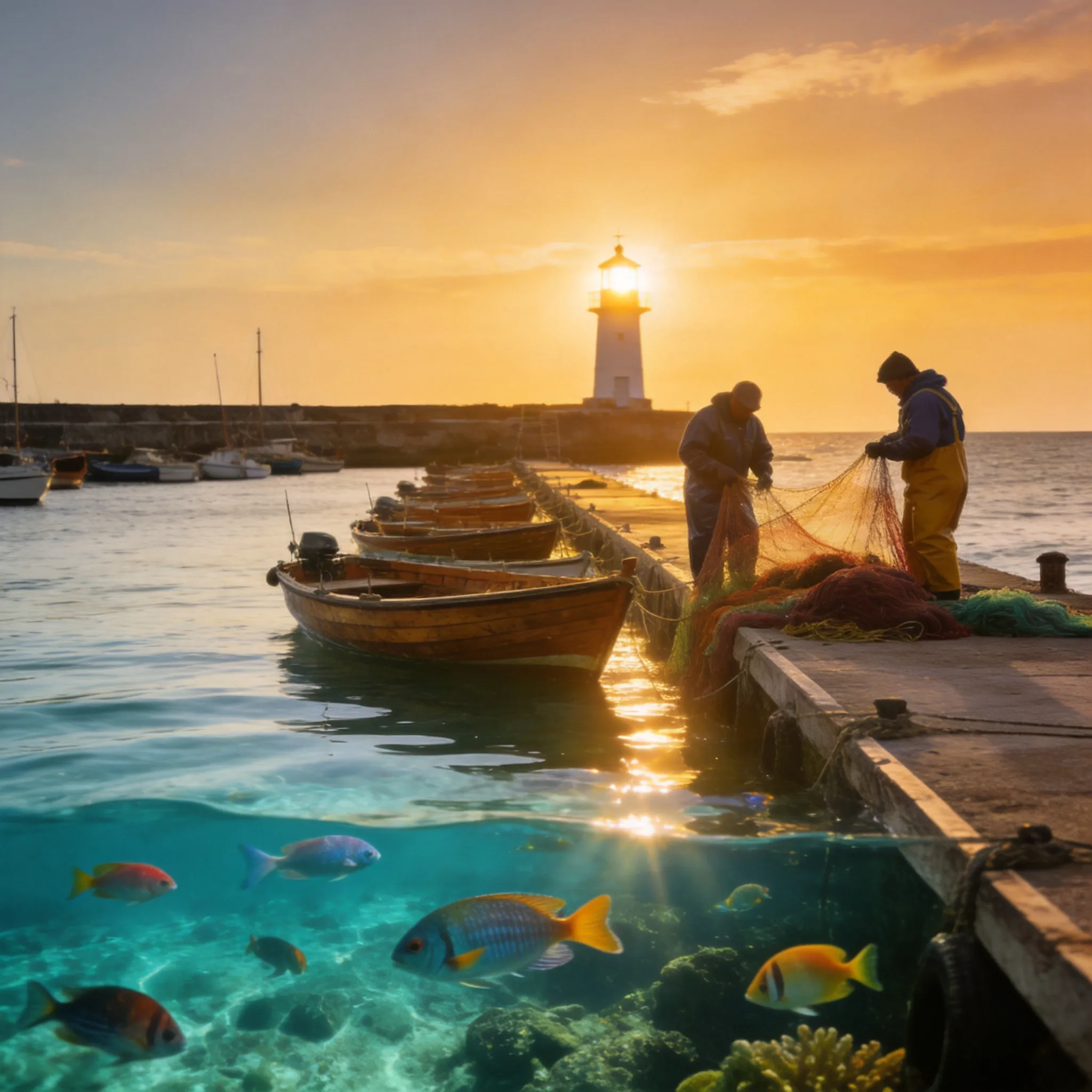 Make the seawater crystal clear and transparent, allowing the seabed to be visible. Add colorful fish swimming underwater. Natural sunlight penetrating through the water, realistic reflections, vibrant marine life, highly detailed, photorealistic quality.
