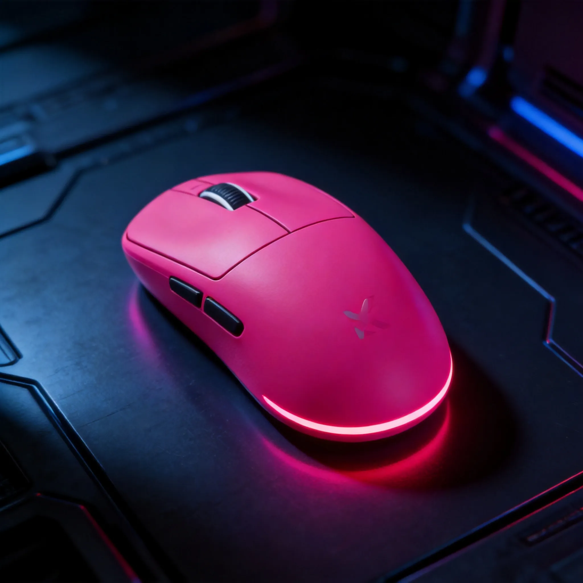 Keep the original mouse’s shape, color, material, buttons, scroll wheel, logo placement, and main angle. Transform this casual mouse photo into a cool premium gaming mouse product image. Let the visual style adapt to the mouse’s original color, using matching neon accent lighting, dramatic shadows, and a sleek futuristic background. Place the mouse on a clean dark tech-style surface with subtle reflections, soft rim light, and high-end commercial product photography quality. Make the mouse look powerful, sharp, and stylish, while preserving the original design and proportions. Do not change the mouse color, button layout, logo, or shape. Do not add text.