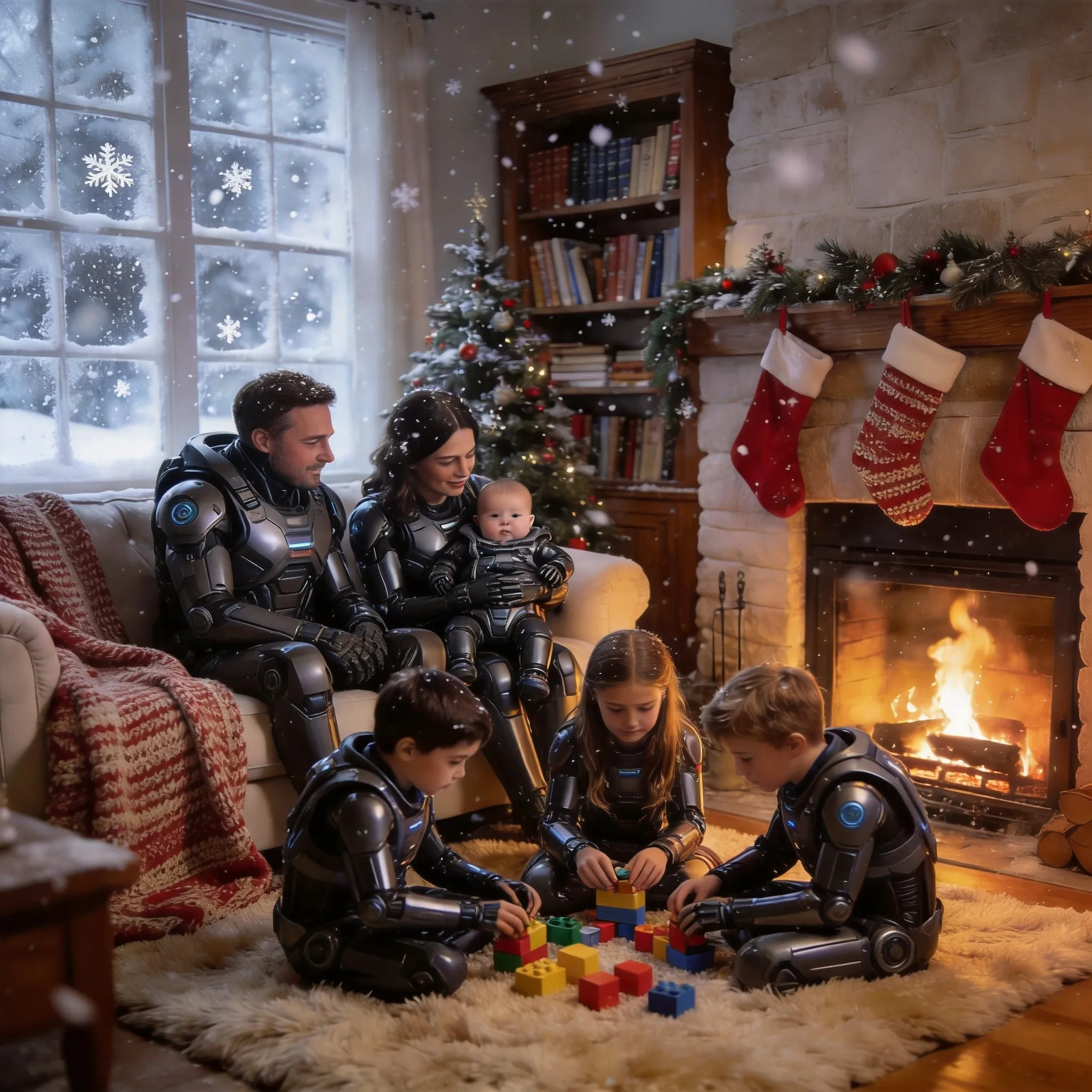 Replace all people in the image with futuristic battle armor. Keep their poses, facial features, and identities unchanged. Highly detailed sci-fi combat suits, realistic materials, cinematic lighting, premium design, high quality.