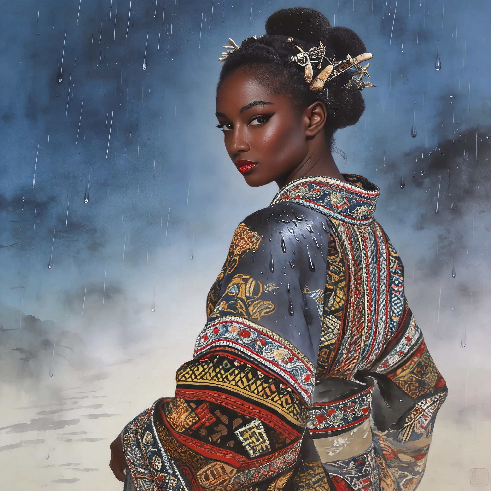 Transform the person into an African individual while preserving the original pose and expression. Change the clothing to authentic traditional African tribal attire with cultural patterns, handcrafted accessories, and natural materials. Realistic appearance, rich details, high-quality photography.