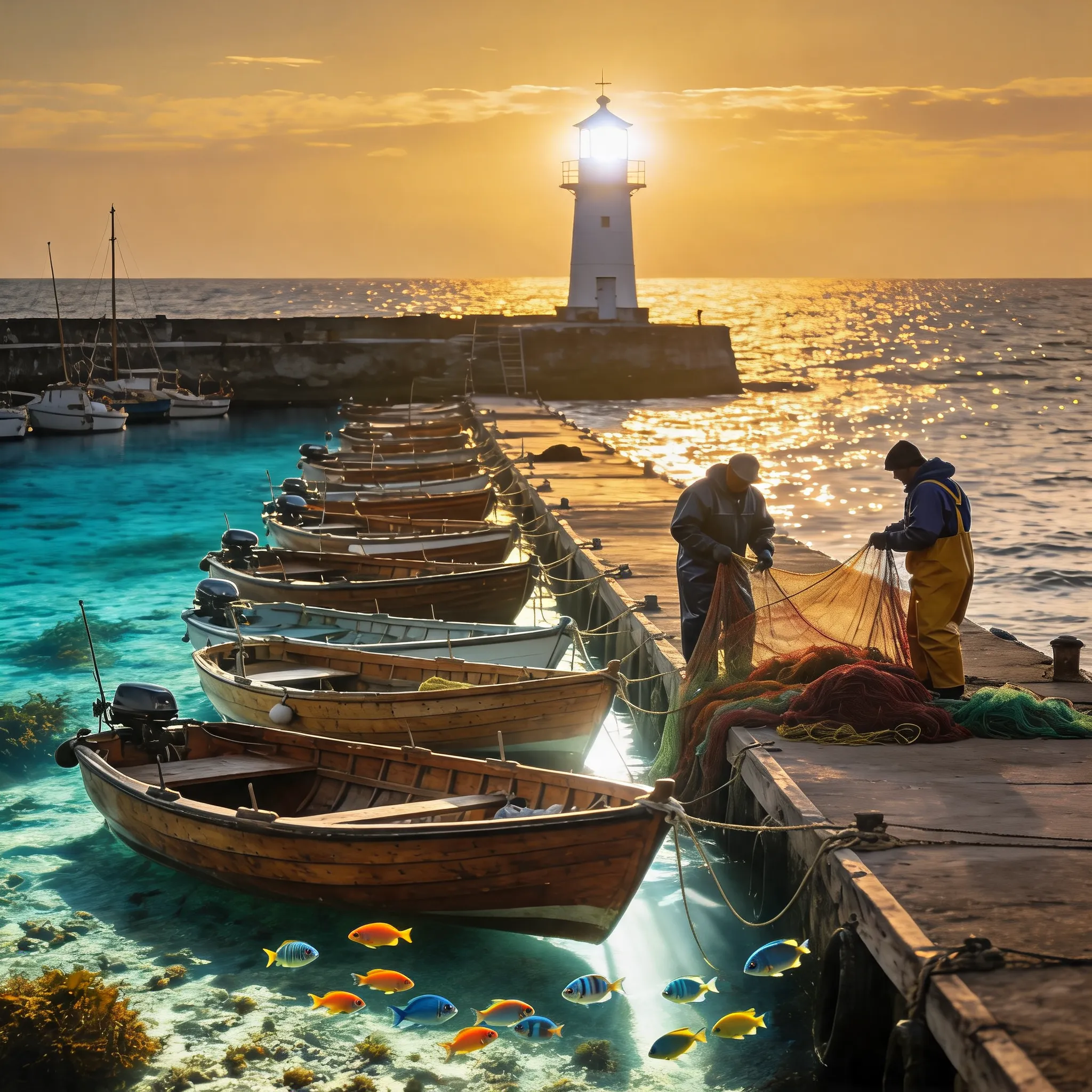 Make the seawater crystal clear and transparent, allowing the seabed to be visible. Add colorful fish swimming underwater. Natural sunlight penetrating through the water, realistic reflections, vibrant marine life, highly detailed, photorealistic quality.