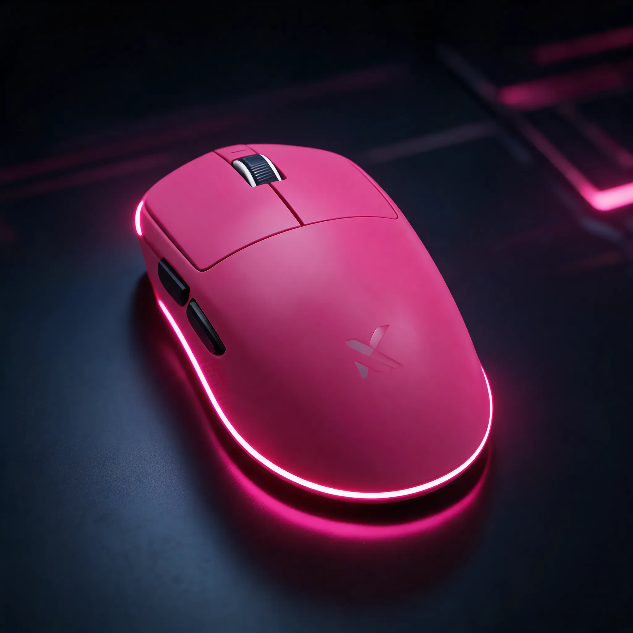 Keep the original mouse’s shape, color, material, buttons, scroll wheel, logo placement, and main angle. Transform this casual mouse photo into a cool premium gaming mouse product image. Let the visual style adapt to the mouse’s original color, using matching neon accent lighting, dramatic shadows, and a sleek futuristic background. Place the mouse on a clean dark tech-style surface with subtle reflections, soft rim light, and high-end commercial product photography quality. Make the mouse look powerful, sharp, and stylish, while preserving the original design and proportions. Do not change the mouse color, button layout, logo, or shape. Do not add text.