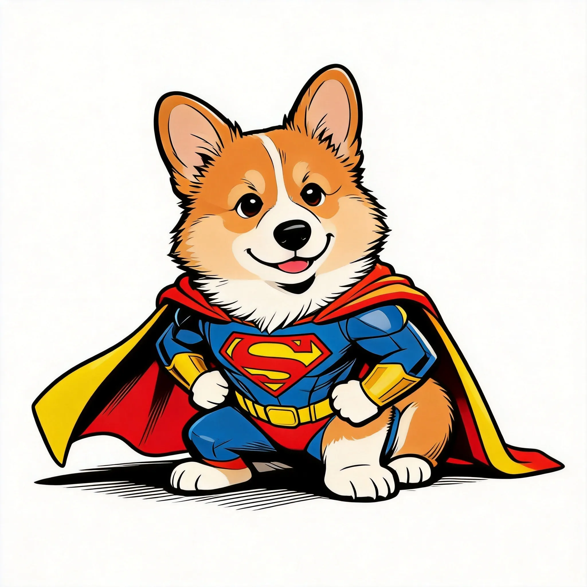 Keep the original dog’s breed, fur color, facial features, pose, and recognizable personality. Transform the dog into a cute superhero cartoon character inspired by classic comic-book heroes, wearing a bright heroic cape and a stylish superhero suit. Make the dog look confident, playful, and brave, with a dynamic comic-style pose, clean bold outlines