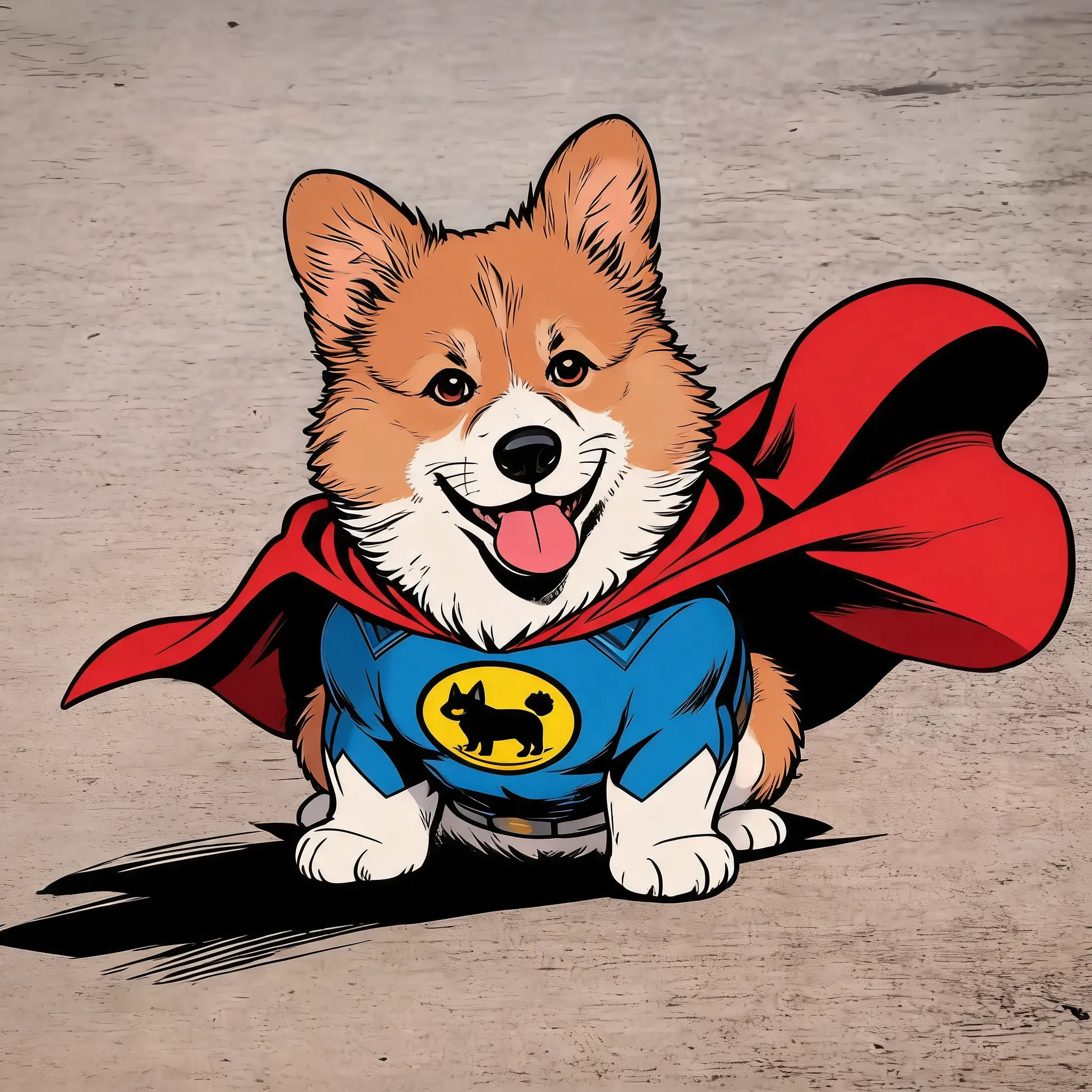 Keep the original dog’s breed, fur color, facial features, pose, and recognizable personality. Transform the dog into a cute superhero cartoon character inspired by classic comic-book heroes, wearing a bright heroic cape and a stylish superhero suit. Make the dog look confident, playful, and brave, with a dynamic comic-style pose, clean bold outlines