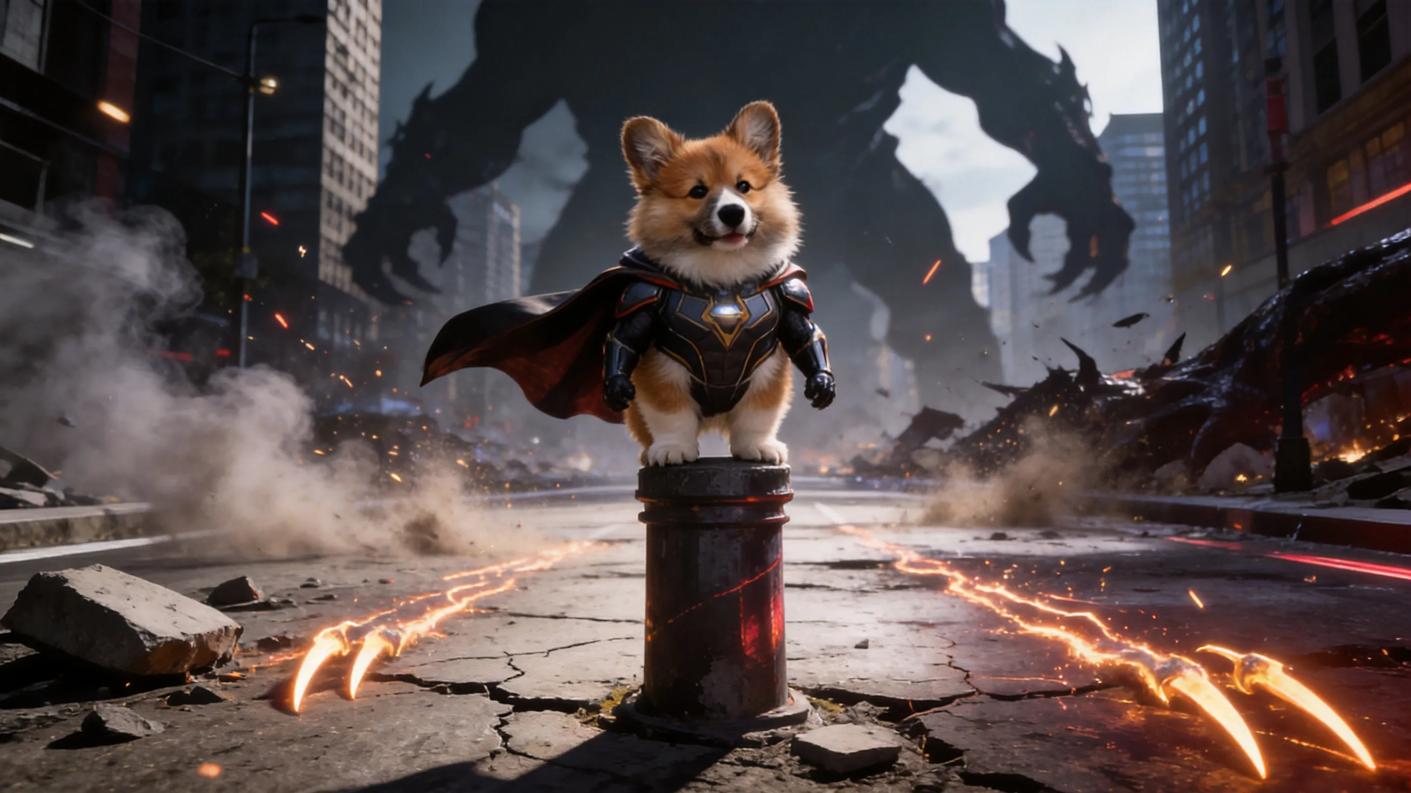 Keep the original dog’s breed, fur color, facial features, and recognizable identity. Transform the dog into a realistic cinematic superhero in a dramatic urban battle scene. The dog wears a custom heroic suit and flowing cape, standing confidently in the middle of a damaged city street after a monster battle. Add abstract traces of the fight, such as cracked pavement, glowing claw marks, broken concrete, drifting smoke, sparks, dust in the air, distant shattered buildings, and mysterious giant shadow silhouettes in the background. Make the scene cool, powerful, and cinematic, with dramatic rim lighting, neon reflections, high contrast, realistic textures, and epic action-movie atmosphere. Keep the dog adorable but heroic. Do not add text, logos, blood, gore, or graphic violence.