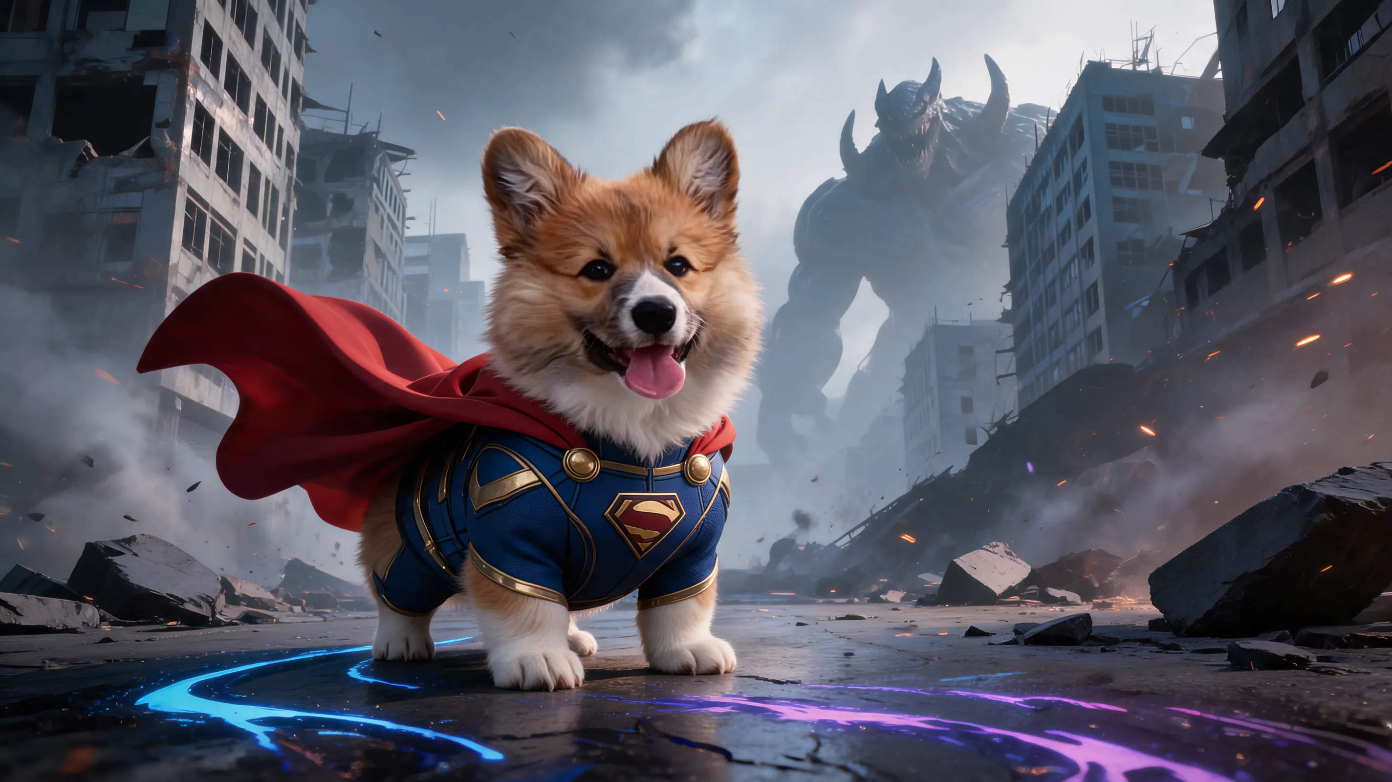 Keep the original dog’s breed, fur color, facial features, and recognizable identity. Transform the dog into a realistic cinematic superhero in a dramatic urban battle scene. The dog wears a custom heroic suit and flowing cape, standing confidently in the middle of a damaged city street after a monster battle. Add abstract traces of the fight, such as cracked pavement, glowing claw marks, broken concrete, drifting smoke, sparks, dust in the air, distant shattered buildings, and mysterious giant shadow silhouettes in the background. Make the scene cool, powerful, and cinematic, with dramatic rim lighting, neon reflections, high contrast, realistic textures, and epic action-movie atmosphere. Keep the dog adorable but heroic. Do not add text, logos, blood, gore, or graphic violence.