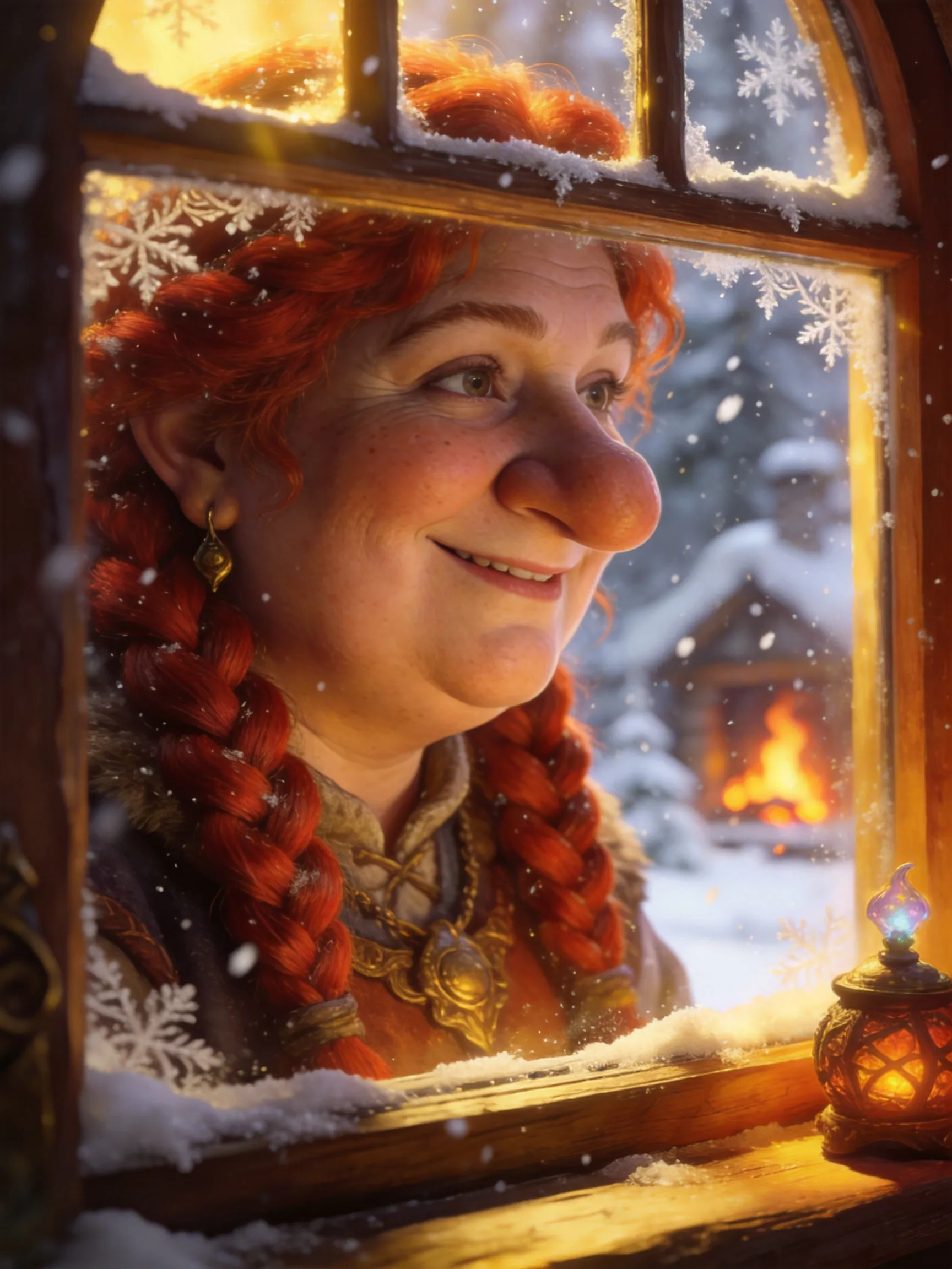 [A cute hearty chubby dwarven woman] at her home looking through the window in a snow day,[highly detailed face],[complex redhead braided hair],[large nose],realistic,beautiful,fantasy art,dungeons and dragons,lord of the rings,in the style of Thomas Kinkade and Wojciech Siudmak,illustration,very cozy,fantasy,intricate,hyper detailed,artstation,concept art,smooth,sharp focus,ray tracing,vibrant,golden hour