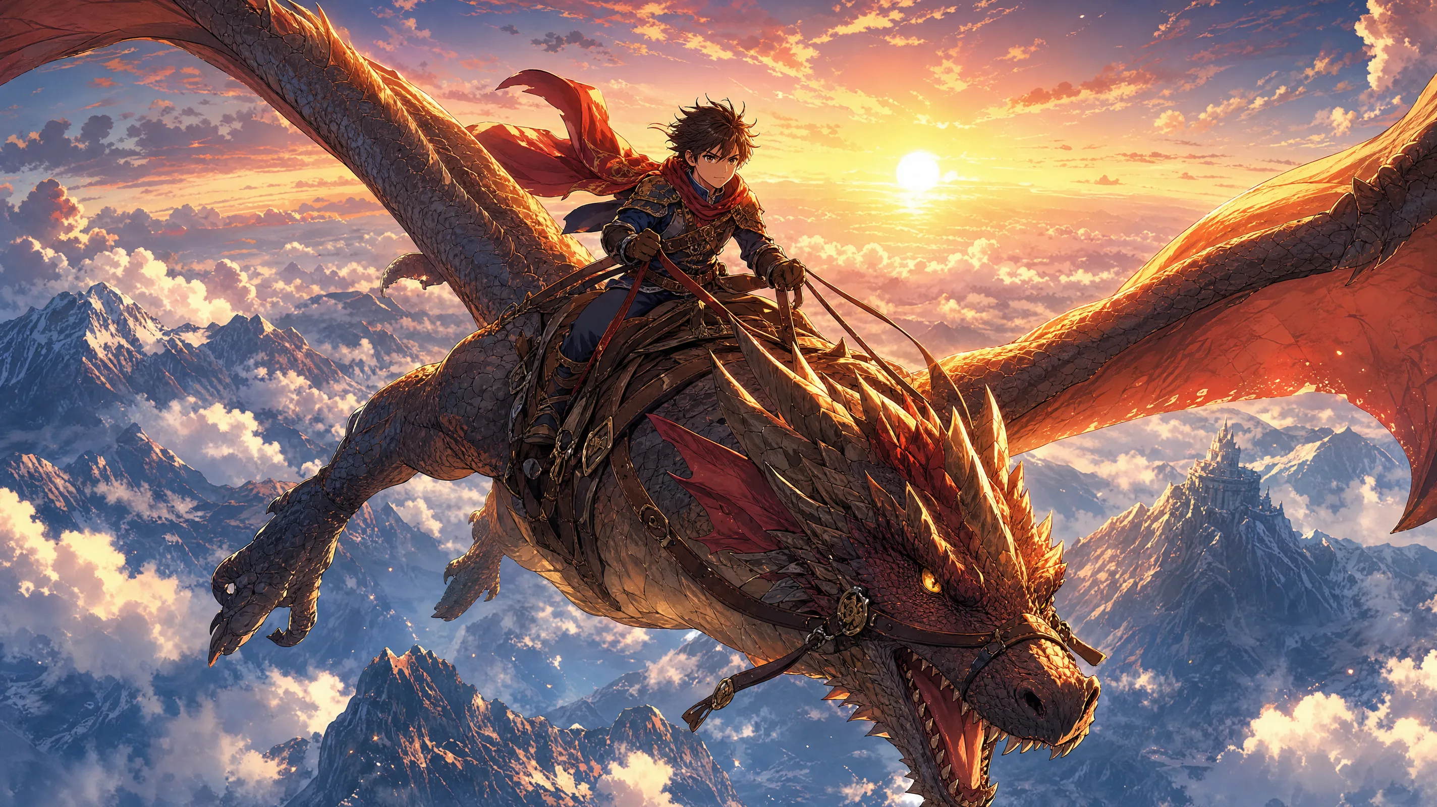 A young dragon rider soaring above mountain peaks at sunrise. The dragon's scales shimmer in golden light. Dynamic action pose, epic anime adventure illustration.