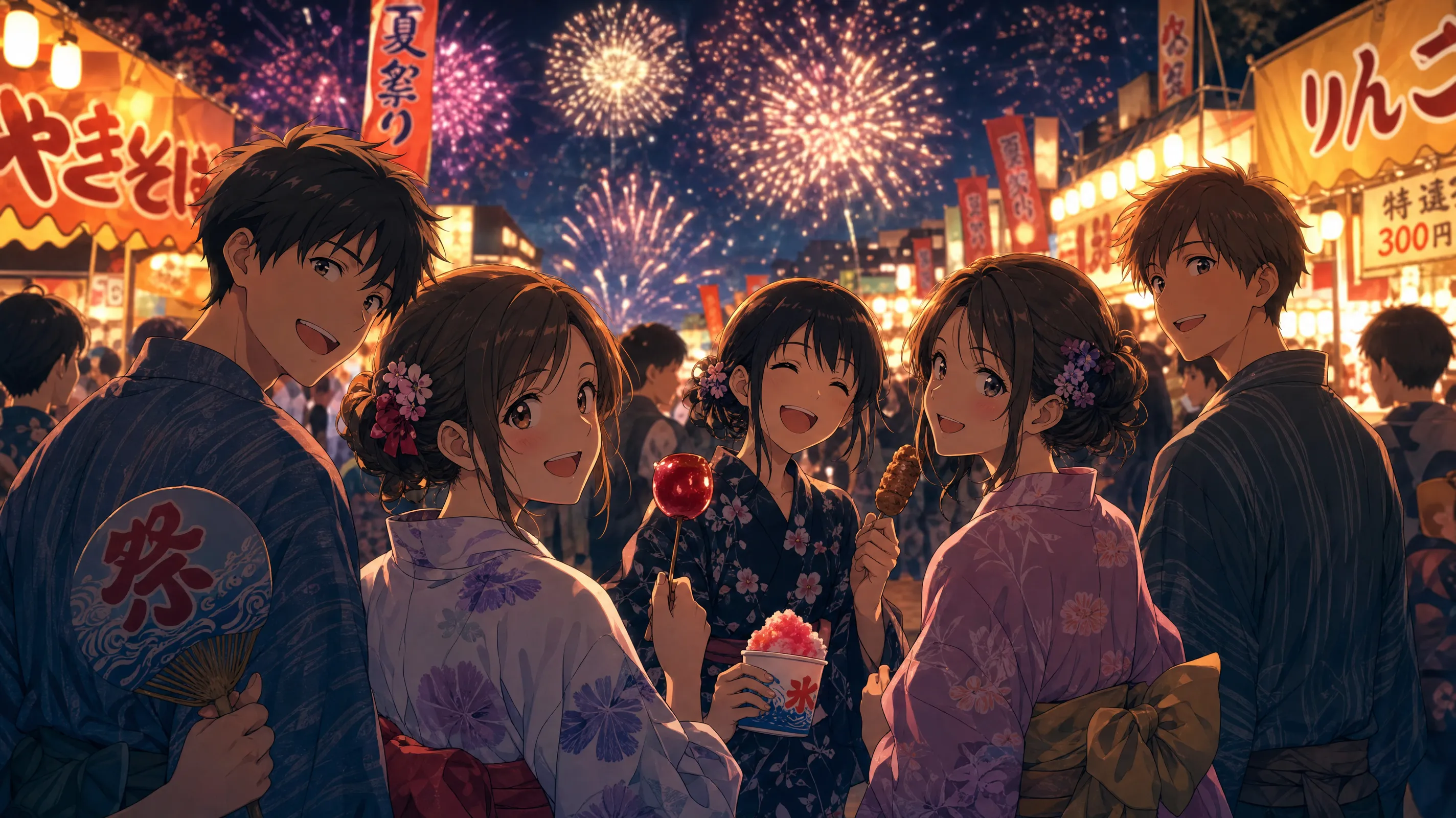 A group of friends wearing colorful yukata at a summer festival. Fireworks explode overhead while food stalls glow with lantern light. Anime film quality, joyful atmosphere.