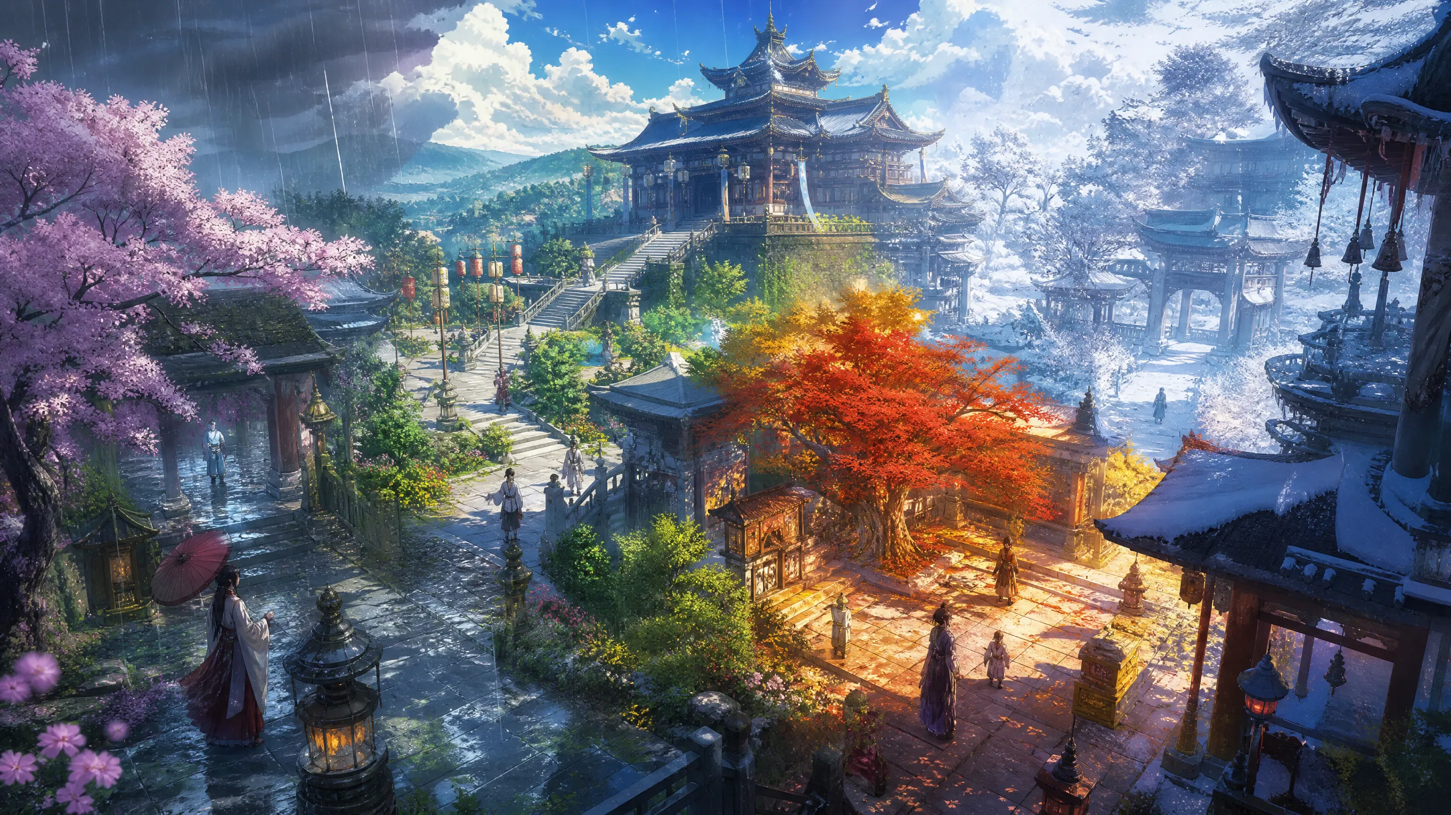 A sacred temple divided into four regions representing spring, summer, autumn, and winter. Anime characters walk between seasonal boundaries. Intricate environmental storytelling.