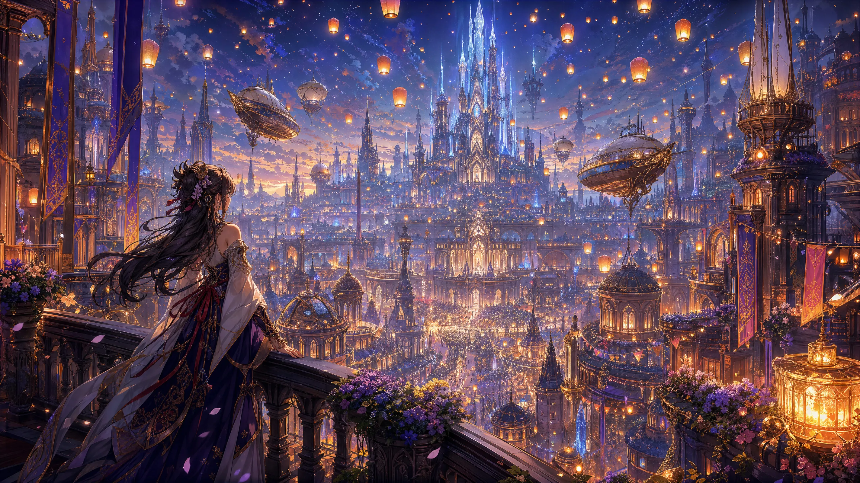 A vast fantasy capital city during a celestial festival. Floating lanterns fill the sky. Airships travel between crystal towers. Thousands of citizens celebrate in streets decorated with flowers and banners. In the foreground, a young heroine stands on a balcony overlooking the city. Anime movie masterpiece quality, ultra-detailed architecture, rich character design, cinematic lighting, breathtaking worldbuilding, highly detailed illustration.