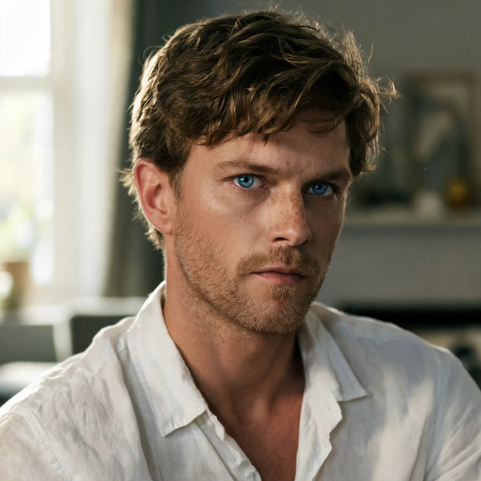 Cinematic medium shot of a handsome Caucasian man in his 30s, sharp jawline, light stubble, intense blue eyes, slightly messy brown hair, wearing a casual white linen shirt. Soft natural window light, moody atmosphere, freckles on nose, high resolution, 8K, shot on Arri Alexa, photorealistic.