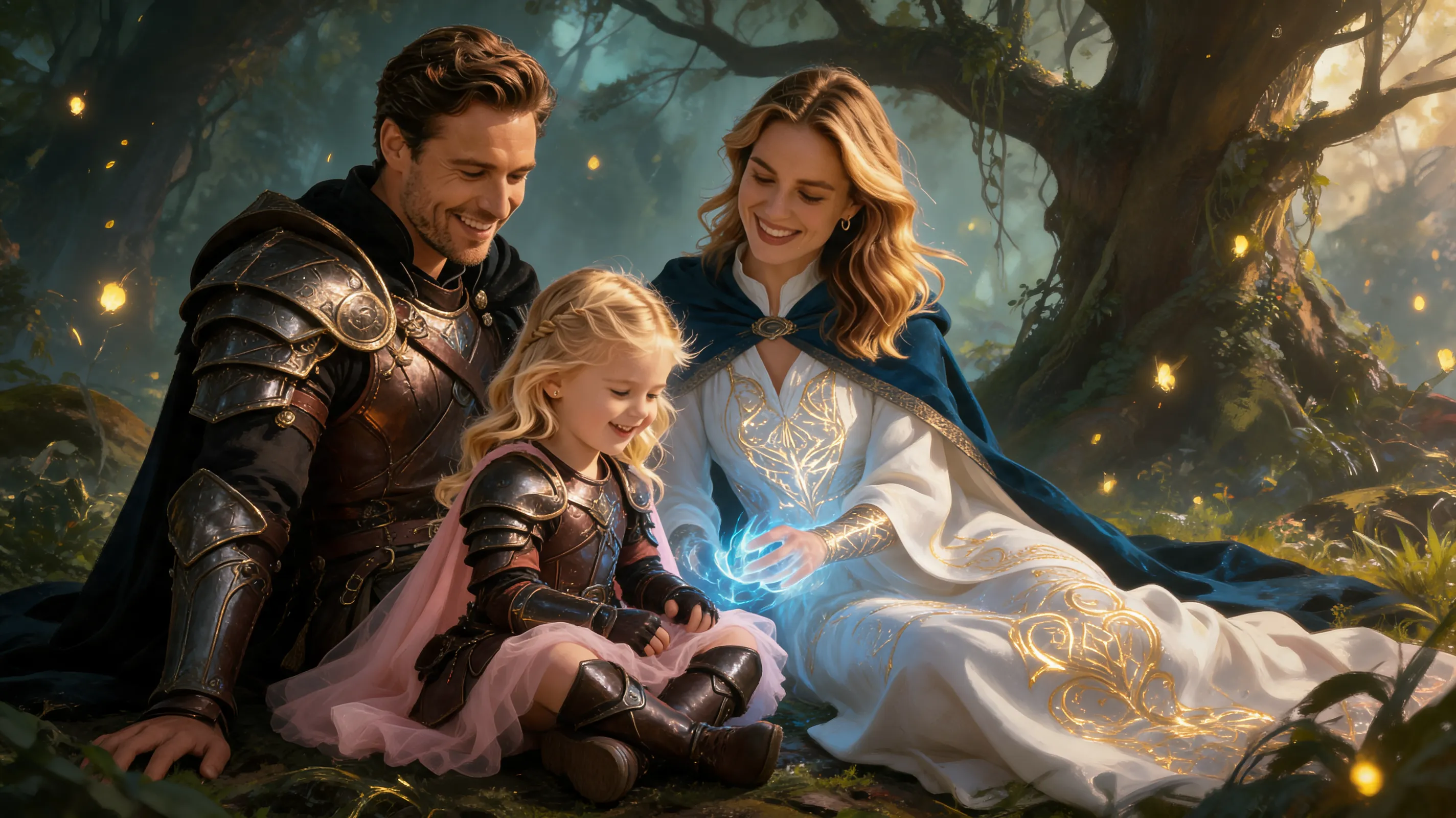 Epic fantasy digital painting, a male knight and female sorceress with their young daughter adventurer, posing for a heroic family portrait. Intricate leather armor, flowing velvet capes, glowing magical runes. Dynamic lighting, rim light, cinematic composition. Behind them is a mythical ancient forest with floating fireflies. Style of Greg Rutkowski and ArtStation trending.