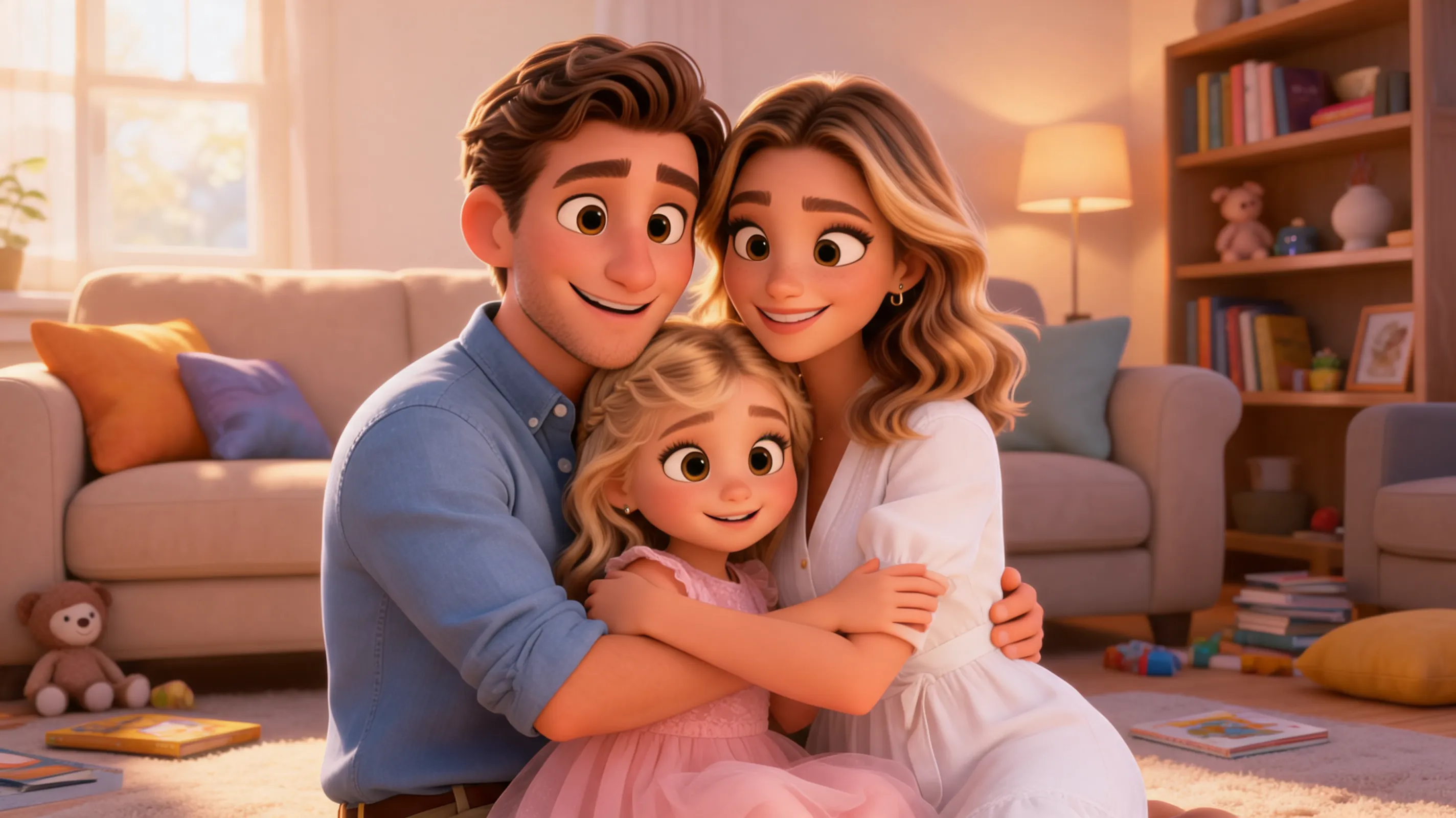 Pixar 3D animated movie poster style, a family of three (dad, mom, little girl) hugging tightly, expressive faces, big shiny eyes, soft colorful casual clothes. Extremely detailed CGI, smooth and glossy rendering, bright saturated colors, soft studio lighting. Background is a cozy, messy living room. Shallow depth of field, high quality, C4D render.