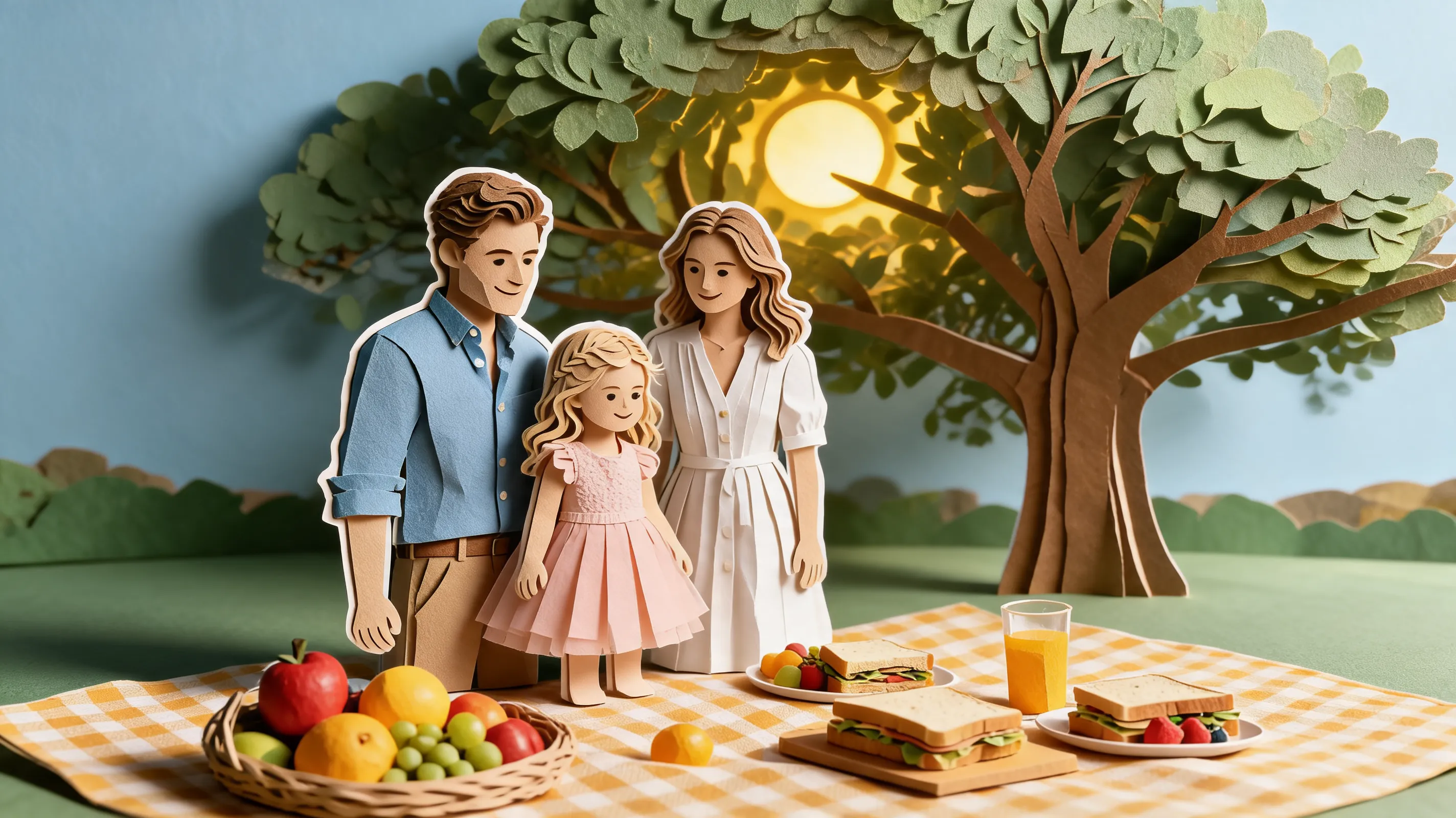 Layered paper cutout diorama, a family of three (man, woman, daughter) standing under a tree. Crafted from textured colored paper, white core edges visible, deep shadow boxes creating depth. Soft pastel color palette. The lighting is backlit by a paper sun. Stop motion animation style, macro shot, shallow depth of field, whimsical storytelling aesthetic.