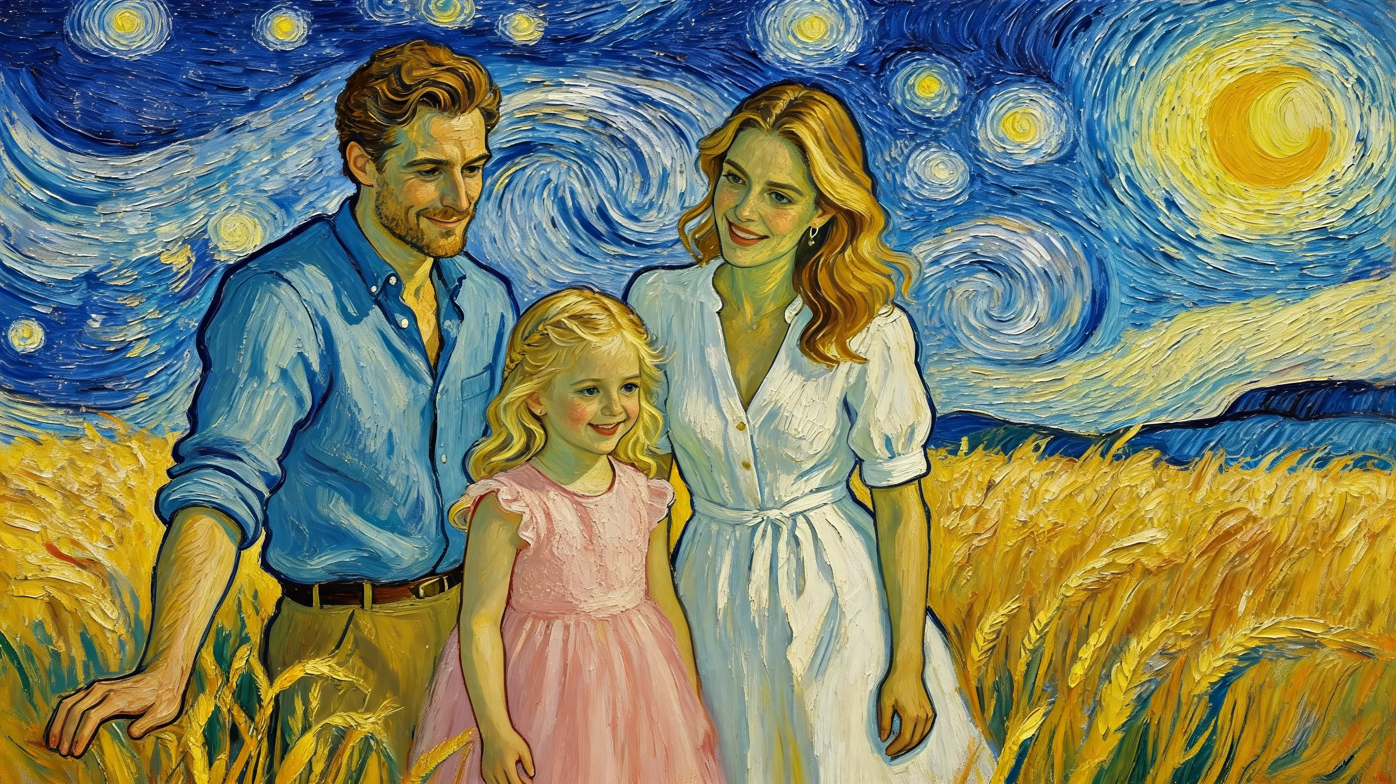Oil painting by Vincent van Gogh, impasto technique, a family of three standing in a wheat field. Swirling and heavy brushstrokes, vivid blues and bright yellows, expressive textures, glowing moon and stars. The faces are distorted by the heavy paint strokes. Masterpiece, thick paint, post-impressionism.