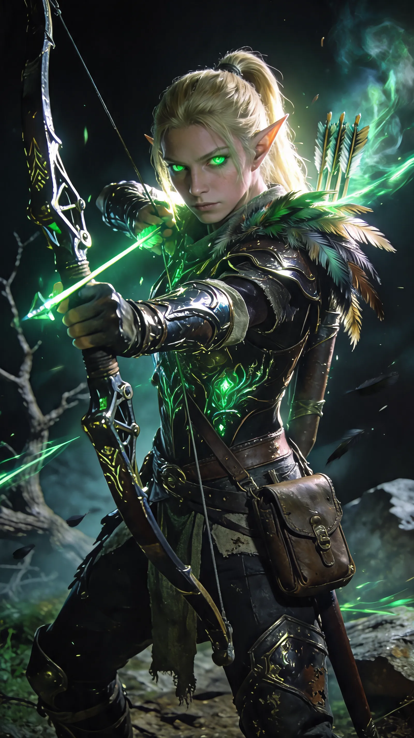 Keep the elf archer’s original facial features, pointed ears, blonde ponytail, glowing green eyes, bow-drawing pose, composition, and dark forest atmosphere. Upgrade her outfit into a cool high-tier Deadeye-style cosmetic armor set: lightweight black and gold hunter armor with emerald green magical runes, refined metal bracers, a dark feathered shoulder mantle, layered leather belts, and a glowing enchanted quiver. Upgrade the bow into an ornate legendary longbow made of obsidian, silver metal, and emerald energy, with a glowing green magical bowstring and arrows leaving storm-like and toxic mist energy trails. Enhance the image with a sense of speed, danger, and premium dark fantasy game character poster quality. Add green light streaks, floating feathers, dark mist, magical particles, moonlit rim lighting, and mysterious shadows deep in the forest. Keep it realistic dark fantasy, not cartoonish. Do not change the character’s identity. Do not add text.