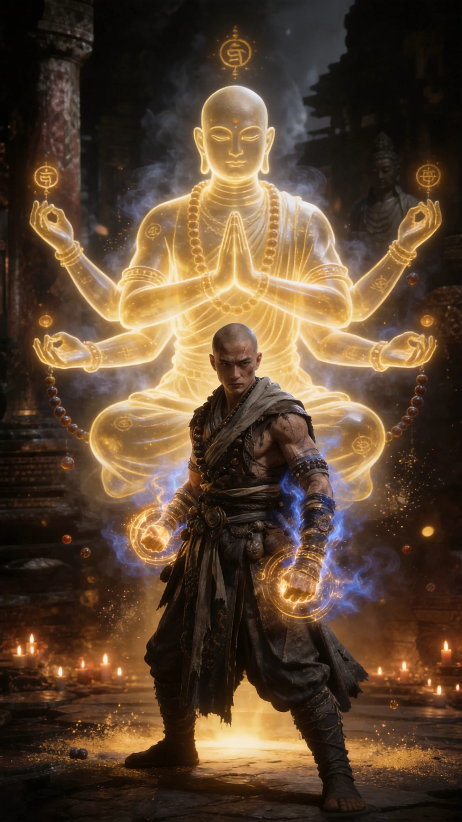 Keep the monk’s original face, outfit, stance, and martial identity. Add a huge translucent golden guardian spirit behind him, shaped like a calm multi-armed monk deity made of light and smoke. The guardian mirrors his martial pose, with glowing prayer symbols, floating beads, sacred dust, and warm divine light. Make the scene feel epic, spiritual, and powerful, like a legendary monk ultimate skill. Keep the character realistic and the guardian semi-transparent. Do not add wings or text.