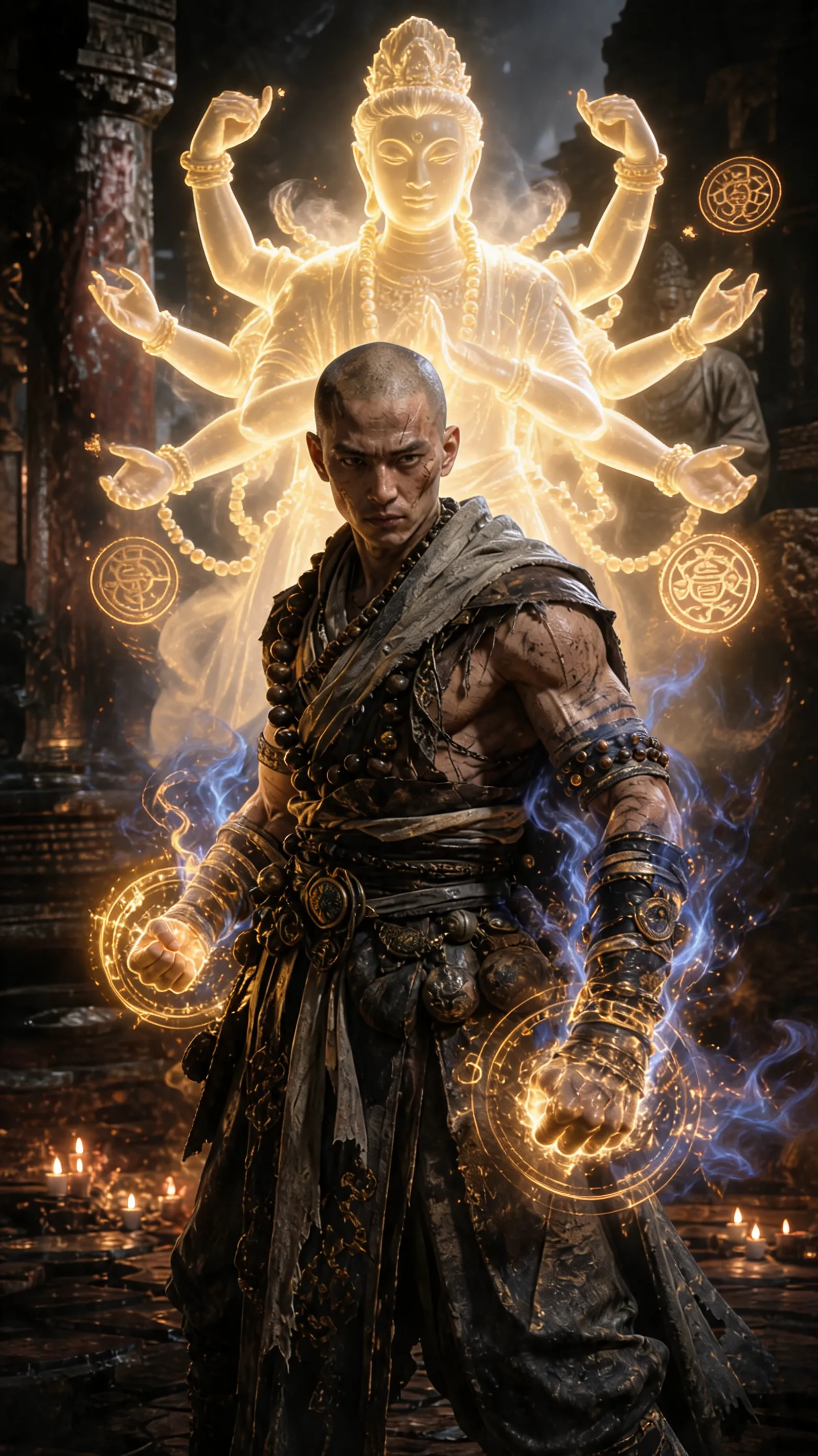 Keep the monk’s original face, outfit, stance, and martial identity. Add a huge translucent golden guardian spirit behind him, shaped like a calm multi-armed monk deity made of light and smoke. The guardian mirrors his martial pose, with glowing prayer symbols, floating beads, sacred dust, and warm divine light. Make the scene feel epic, spiritual, and powerful, like a legendary monk ultimate skill. Keep the character realistic and the guardian semi-transparent. Do not add wings or text.