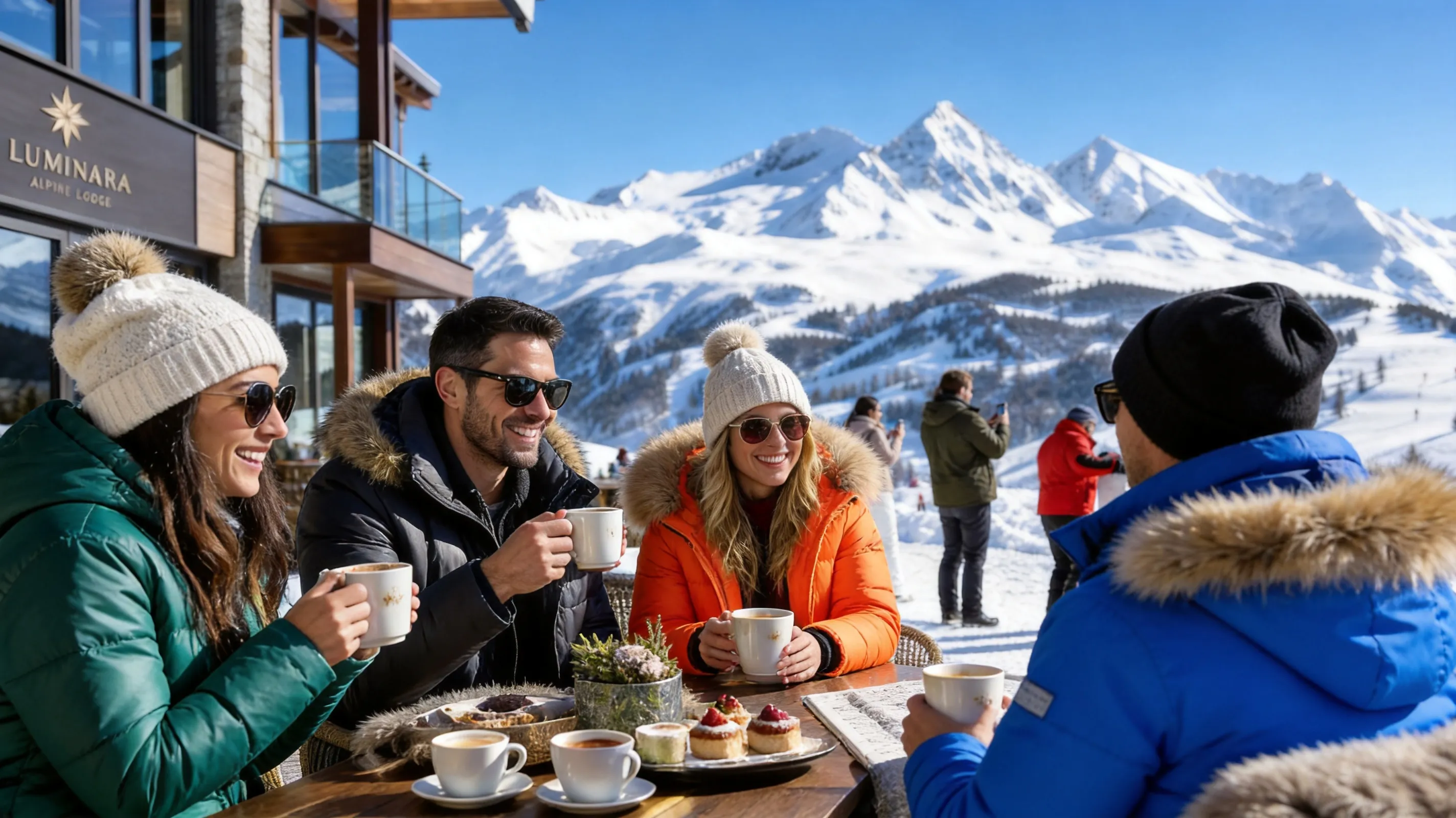 Inpaint clothing color modification task based on the provided image. Keep the exact faces, smiles, sunglasses, knitted beanies, and poses of the four people sitting around the wooden table in the foreground completely identical. Retain the coffee cups they are holding, the food on the table, the lodge architecture, and the snowy mountain background exactly as they are. Do not alter the fluffy fur trims on their jacket hoods. Modify only the fabric colors of the winter coats worn by the four individuals around the table with specific, separate colors:
For the woman on the far left: Change her white winter down jacket to a rich emerald-green winter jacket.
For the man sitting next to her (second from the left): Change his dark blue hooded coat to a sleek, matte-finished charcoal-grey winter coat.
For the woman sitting next to him (third from the left): Change her white puffer jacket to a vibrant pumpkin-orange ski jacket.
For the person sitting with their back partially to the camera in the foreground: Change their dark olive-green winter coat to a clean, bright royal-blue winter parka.
Ensure the texture of the coat fabrics remains realistic and heavy. The crisp, bright sunny daylight from the snowy environment must cast accurate highlights and shadows over the folds of the newly colored jackets without any blending or color bleeding between the characters. Perfect photorealistic rendering.