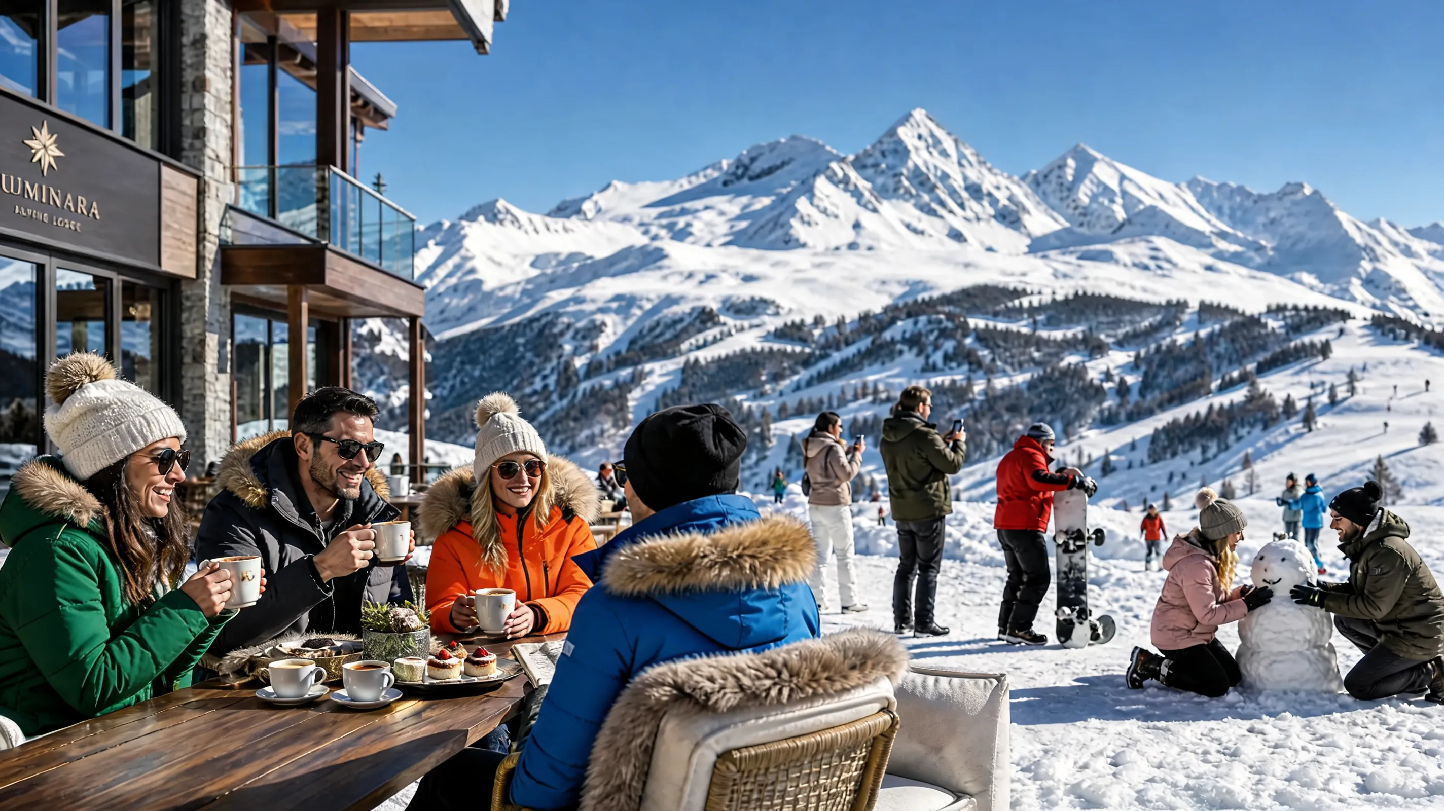 Inpaint clothing color modification task based on the provided image. Keep the exact faces, smiles, sunglasses, knitted beanies, and poses of the four people sitting around the wooden table in the foreground completely identical. Retain the coffee cups they are holding, the food on the table, the lodge architecture, and the snowy mountain background exactly as they are. Do not alter the fluffy fur trims on their jacket hoods. Modify only the fabric colors of the winter coats worn by the four individuals around the table with specific, separate colors:
For the woman on the far left: Change her white winter down jacket to a rich emerald-green winter jacket.
For the man sitting next to her (second from the left): Change his dark blue hooded coat to a sleek, matte-finished charcoal-grey winter coat.
For the woman sitting next to him (third from the left): Change her white puffer jacket to a vibrant pumpkin-orange ski jacket.
For the person sitting with their back partially to the camera in the foreground: Change their dark olive-green winter coat to a clean, bright royal-blue winter parka.
Ensure the texture of the coat fabrics remains realistic and heavy. The crisp, bright sunny daylight from the snowy environment must cast accurate highlights and shadows over the folds of the newly colored jackets without any blending or color bleeding between the characters. Perfect photorealistic rendering.