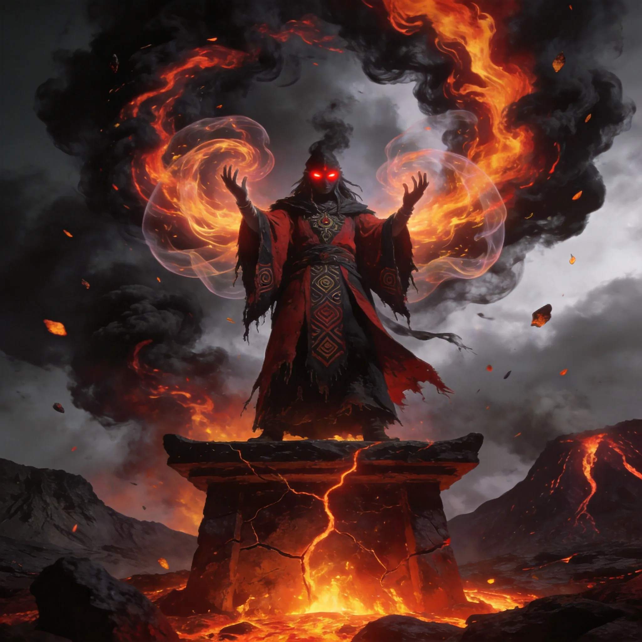 A shaman summoning fire elements on a lava altar, with smoke and flames swirling in the sky.