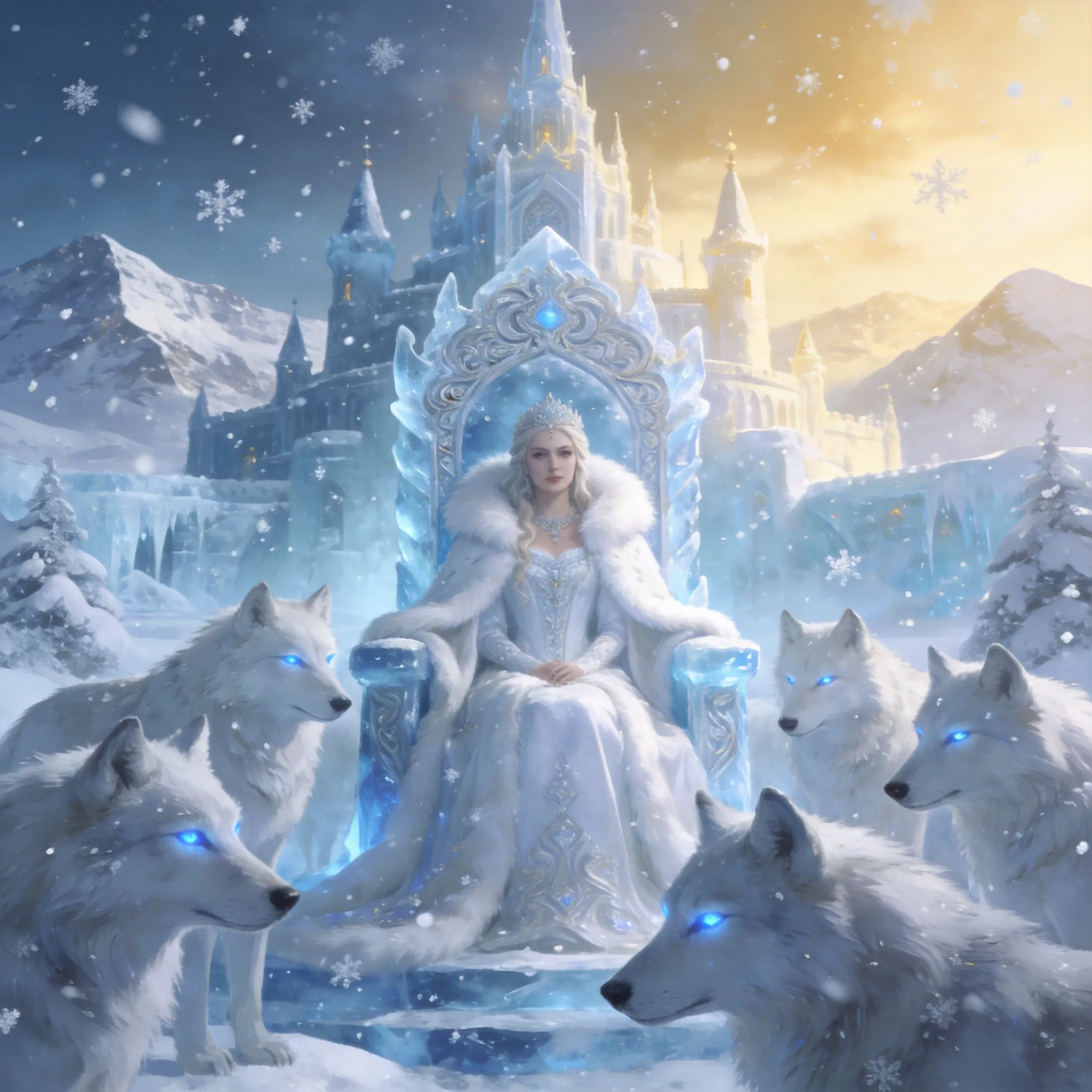 A snow-covered kingdom, with the queen sitting on an ice throne, surrounded by snow wolves.