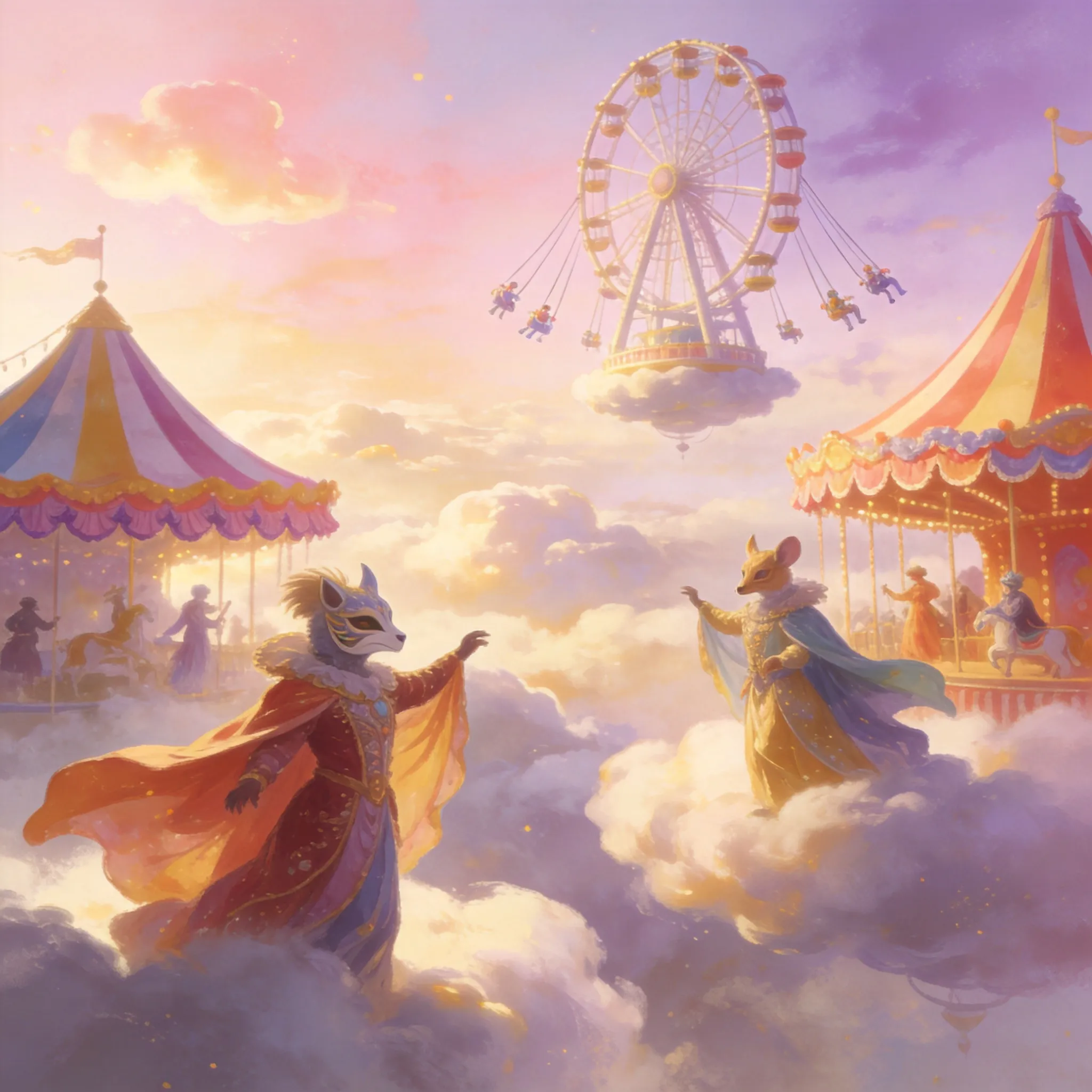 A dreamlike carnival in the clouds, with floating rides, colorful tents, and whimsical performers.