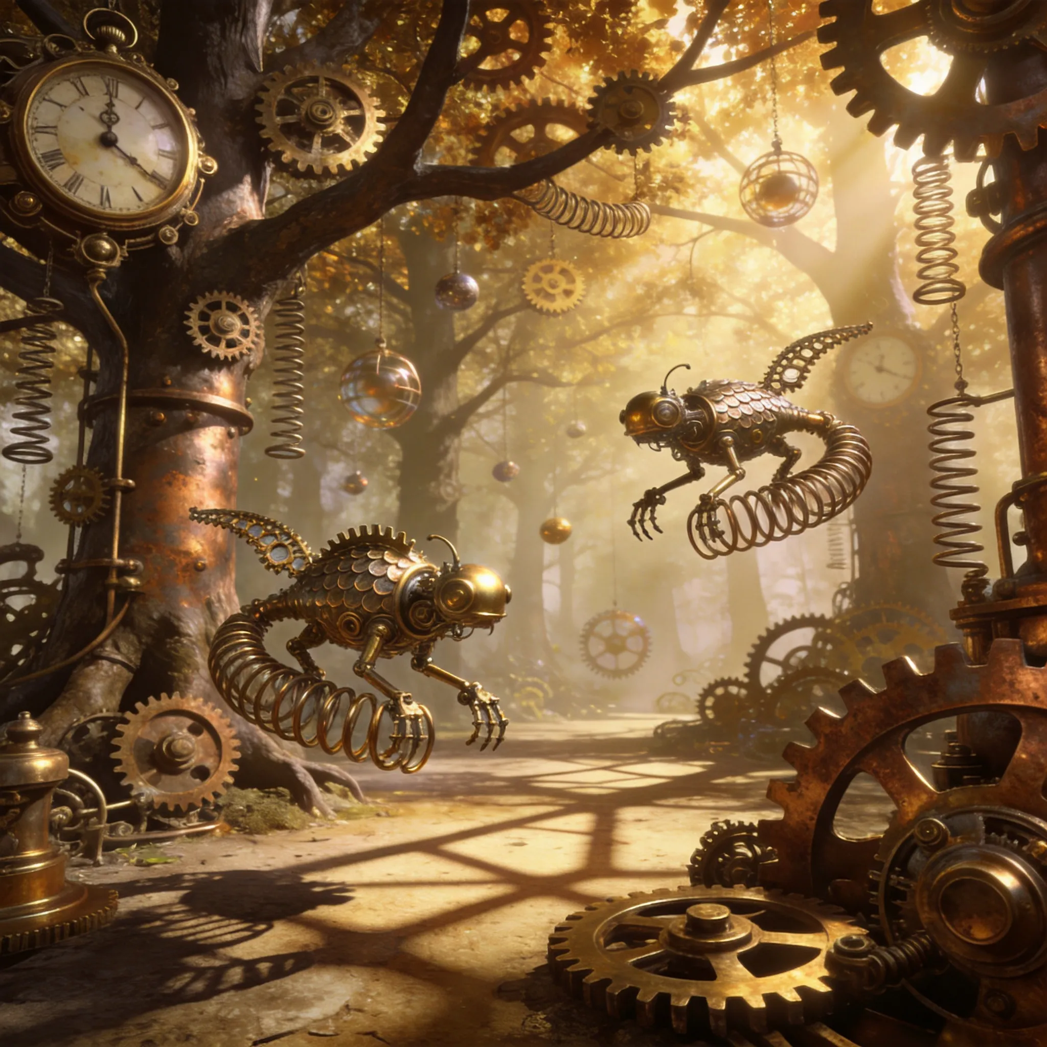 A clockwork forest where the trees tick like clocks, and mechanical creatures roam among the gears and springs.