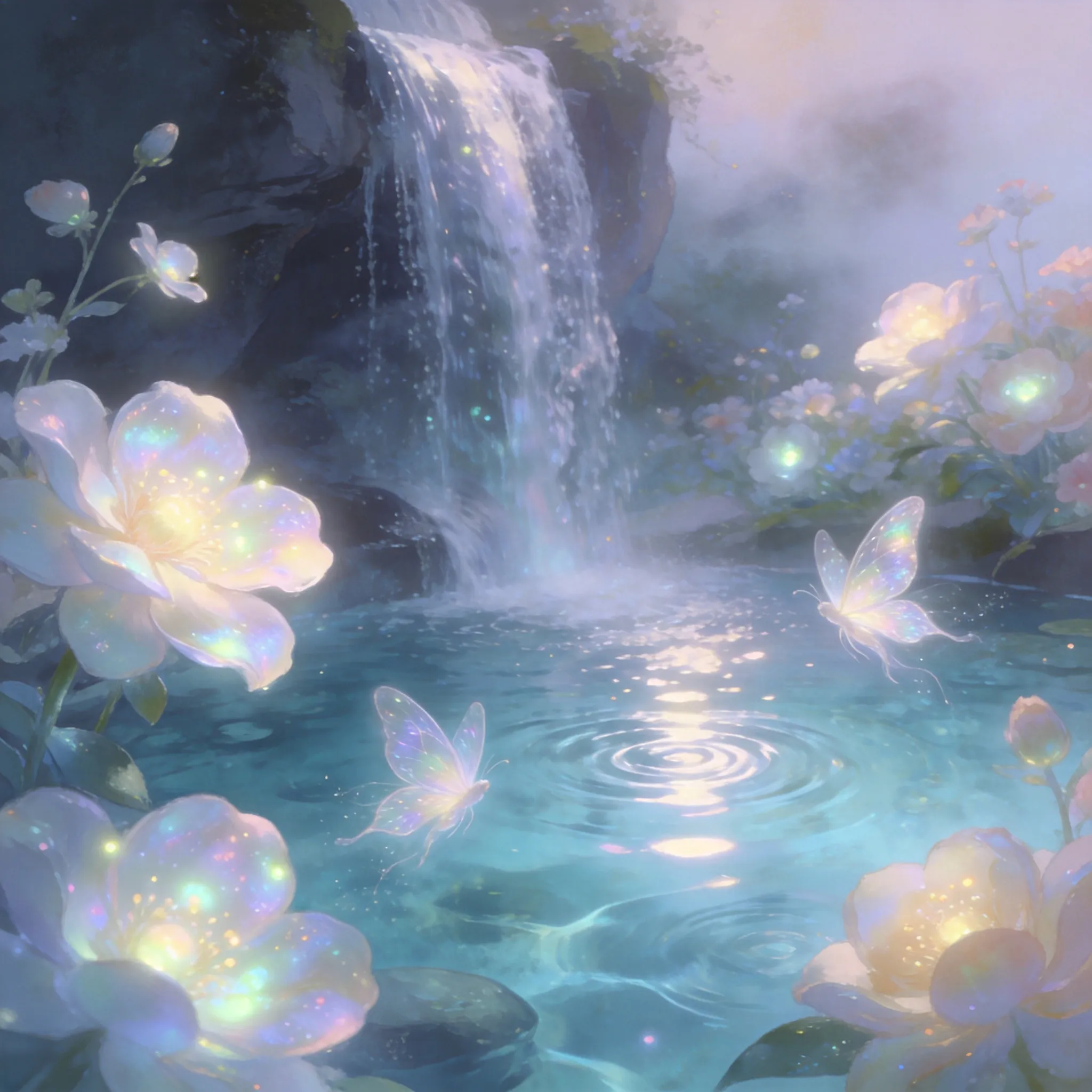 A serene waterfall cascading into a crystal-clear pool, surrounded by glowing flowers and fairies.