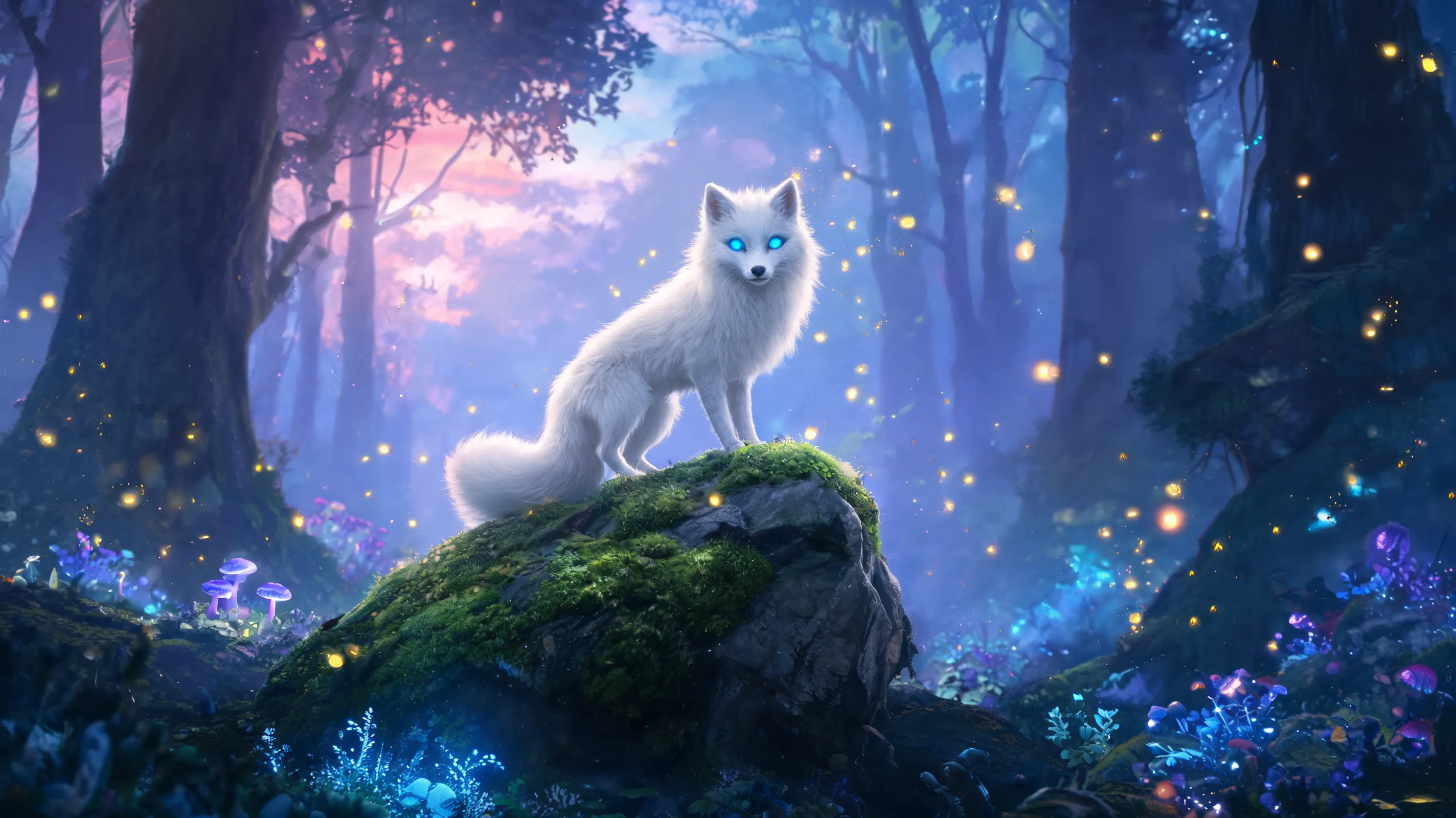 A magical white fox with glowing blue eyes standing on a mossy rock in an enchanted forest at twilight, fireflies floating around, soft bioluminescent plants, dreamy ethereal atmosphere, cinematic lighting, ultra-detailed, 8K, by ArtStation and Greg Rutkowski style.