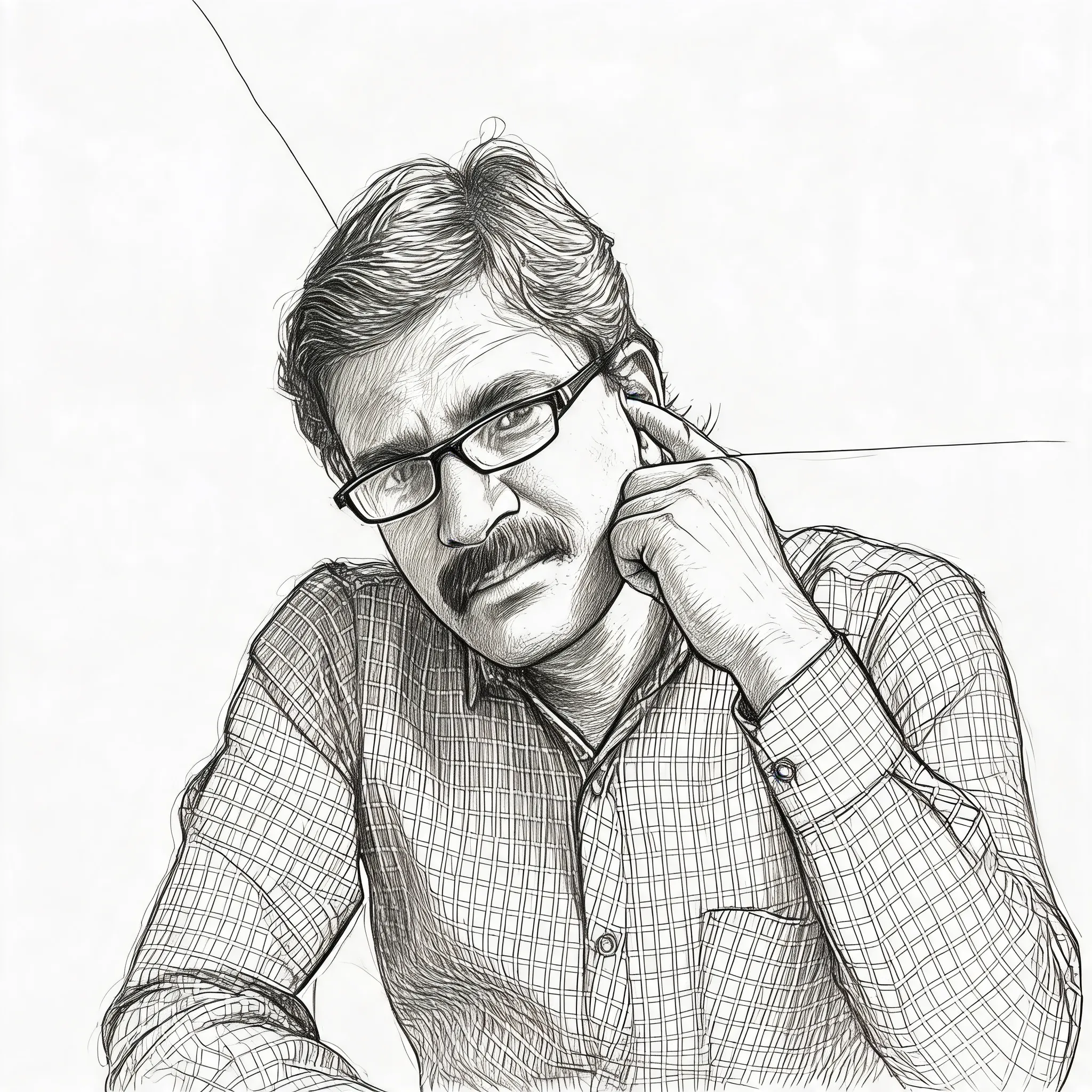 Recreate the uploaded portrait photo as a hyper-realistic line sketch. Focus the entire rendering on the face: use pencil lines of varying density, weight, and hatching to draw every shadow, highlight, and facial detail—there should be no soft, blended shading, only linework defining light and dark. Keep contour lines sharp and expressive, use layered cross-hatching to build volume and texture, and maintain the character’s exact likeness and expression. The rest of the portrait and background should be simple and unobtrusive, so all attention stays on the linework of the face. Hand-drawn, authentic pencil sketch texture, high detail, pure black and white, no distortion.