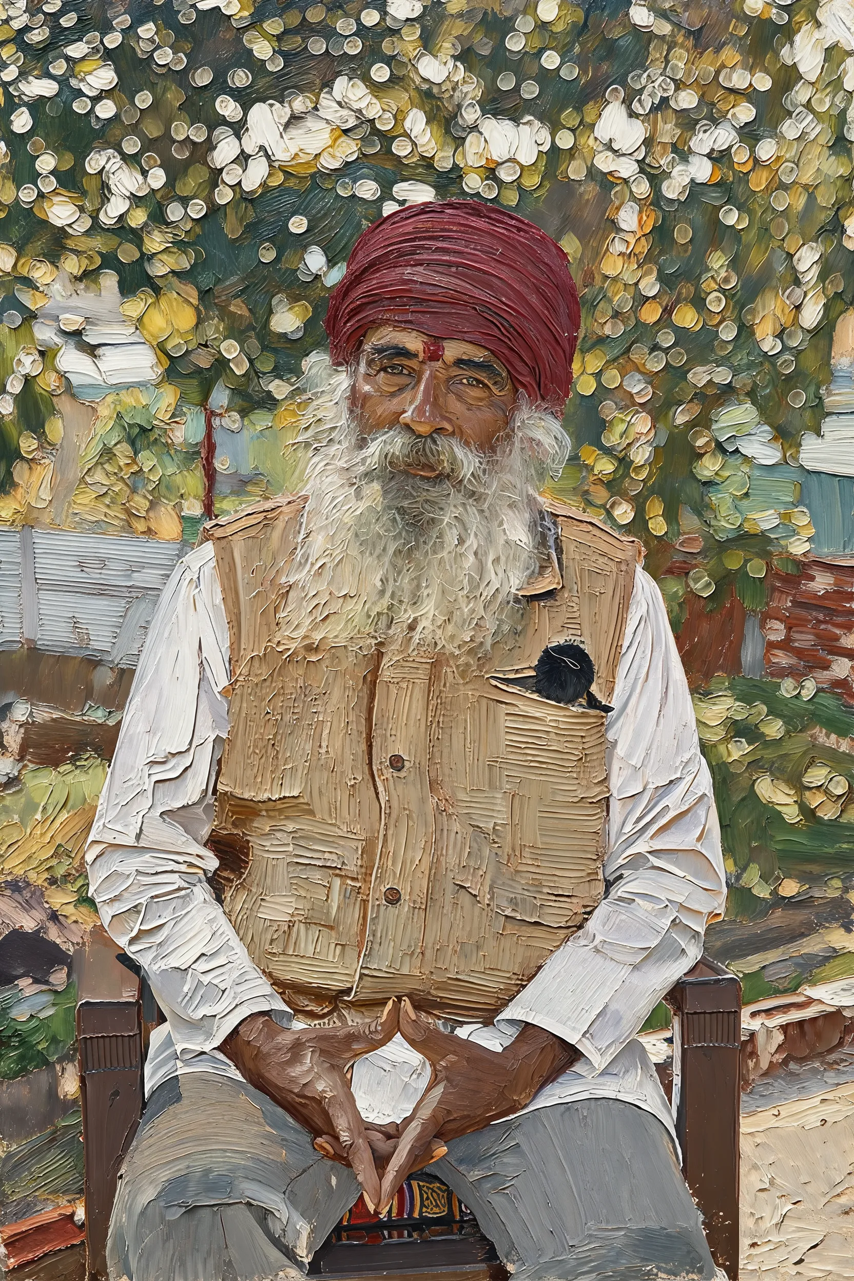 Transform this portrait into a high-end, heavily textured palette-knife abstract oil painting. Reinterpret the source subject not as a photo, but through bold masses of thick, layered impasto paint and energetic color-block collisions. The brushstrokes must be incredibly distinct and chaotic, with raw, scraped edges defining the silhouette cues and emotional energy. While fine facial details are gone, the core posture, emotional tone, and spiritual essence must remain perceptible through the massive paint movement. Render the background with the same thick, painterly language to create a unified, visually heavy, and emotionally charged abstract masterpiece.