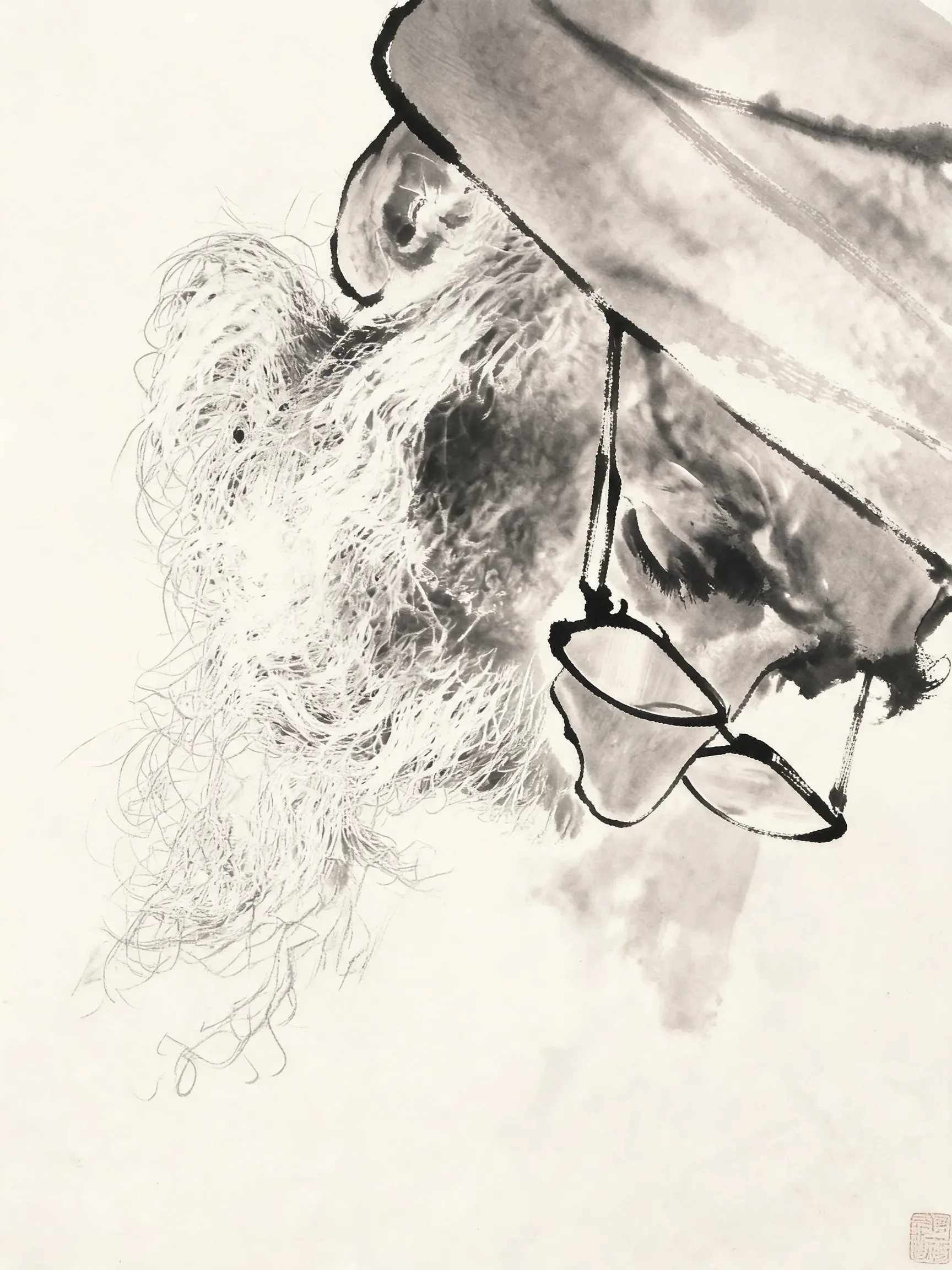 Re reinterpret this portrait as a refined, authentic Chinese sumi-e ink wash painting. Significantly enhance the use of negative space, elegant brush-rhythm energy, and atmospheric stillness. The recognizable essence, posture, and core emotion of the source subject should emerge through dramatic ink gradation layers, expressive brush flow, and soft, mists-like diffusion. Use controlled dry-brush texture to define key silhouette cues. The final image must convey meaningful emptiness and graceful restraint, making the original subject’s inner presence clear within a poetic, calligraphic composition.