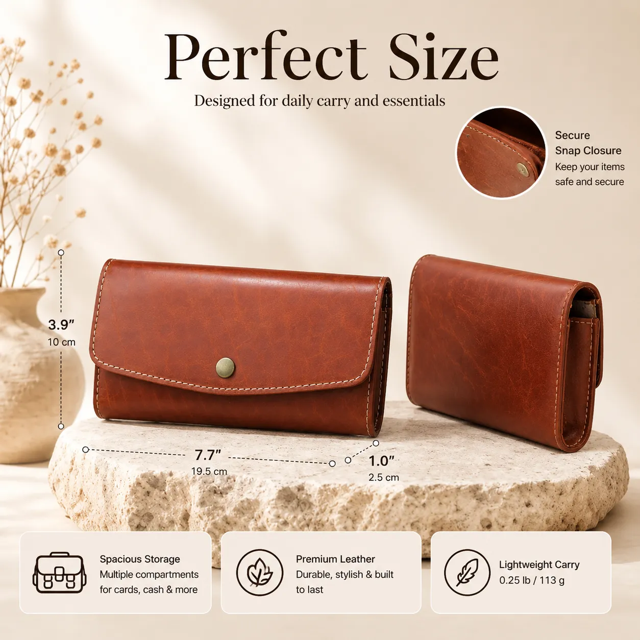 Generate the Amazon listing product image for my product with this style. The picture shows the front and back of the wallet respectively, both placed horizontally.