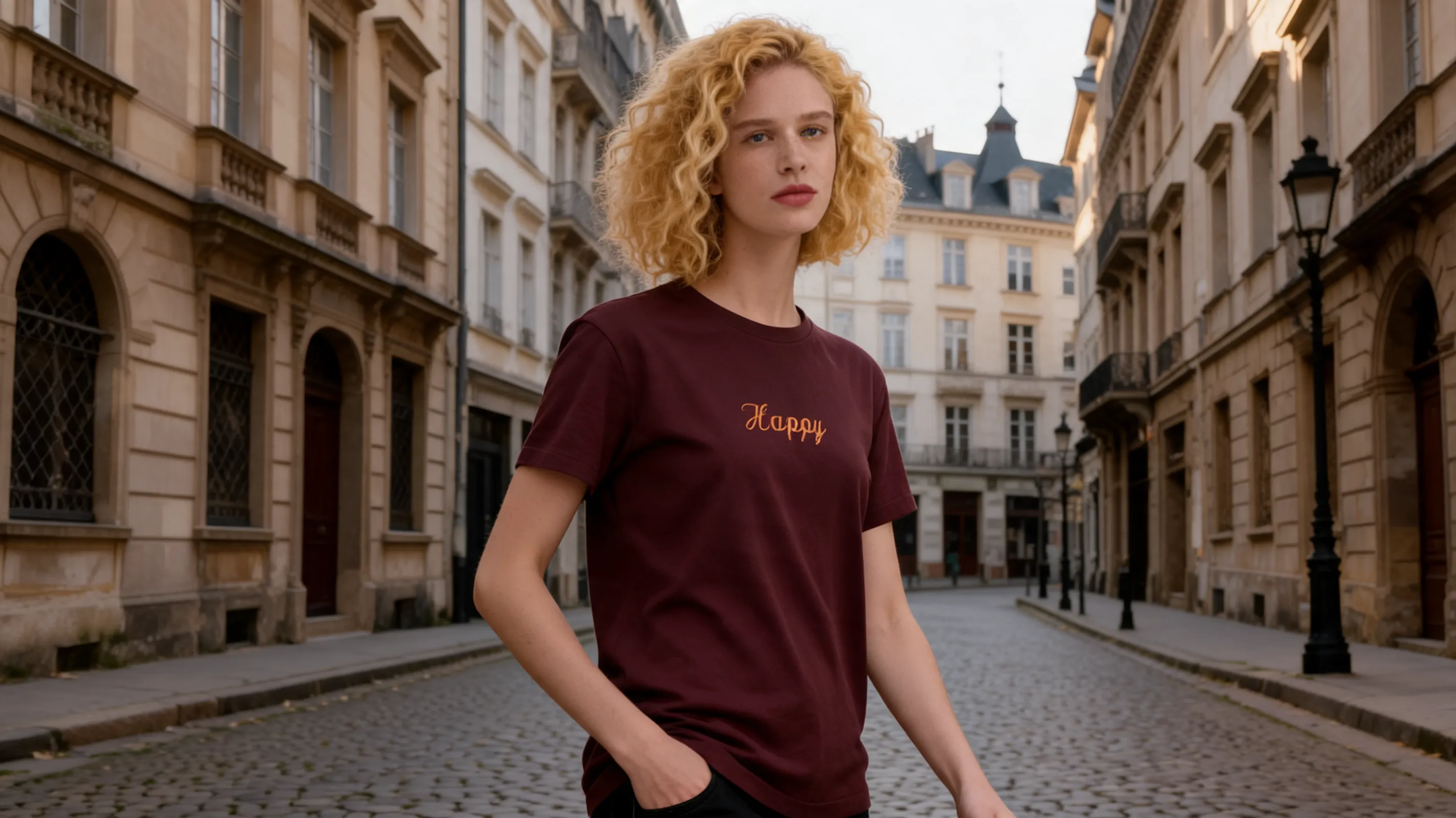 Change the cloths and decorations. Full shot. Effortlessly natural pose, casual hand-in-pocket gesture, with a relaxed small step . Tall and slender figure. Slightly angled three-quarter side view. Background: on the 18th century Europe street.