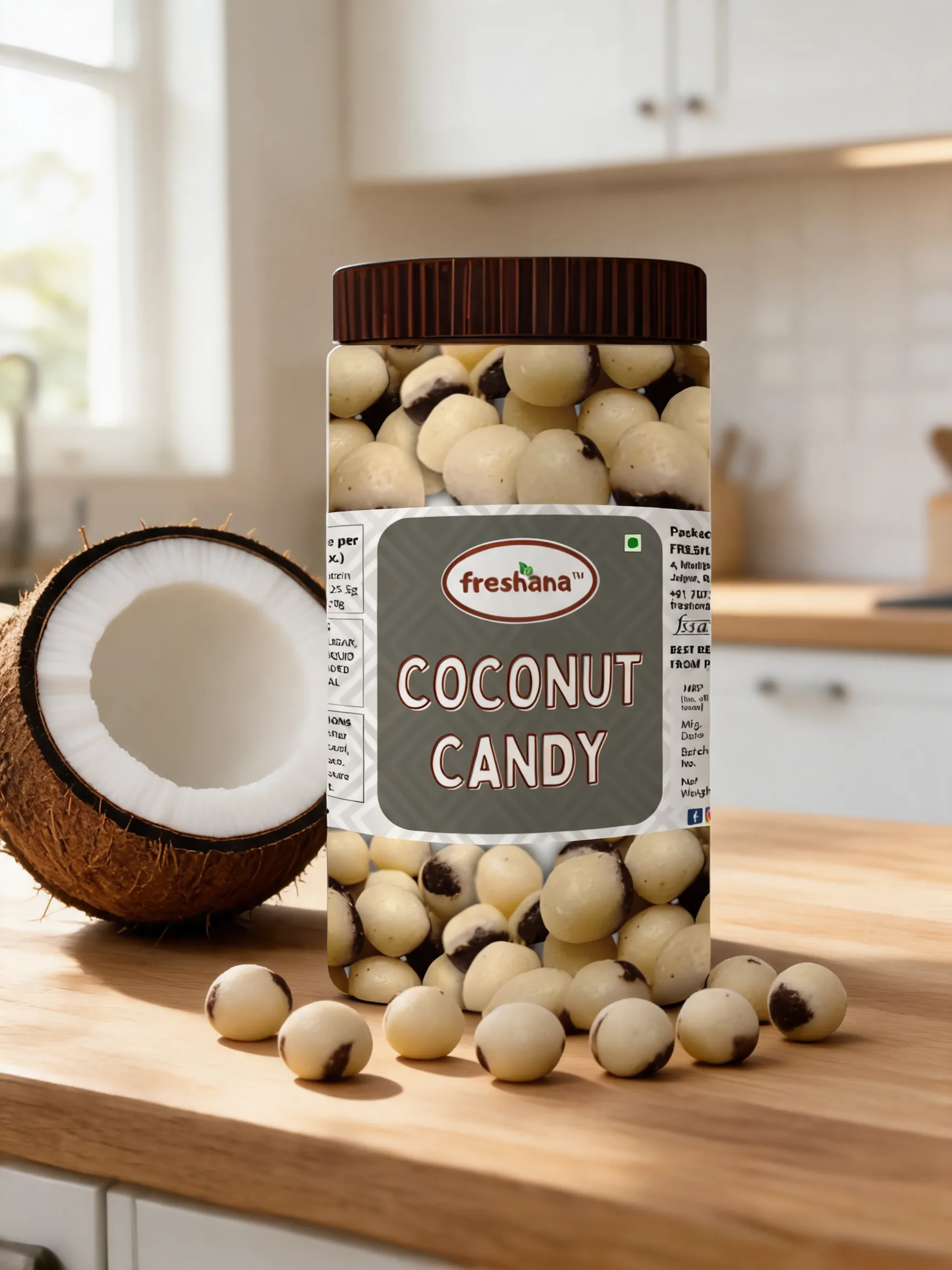 this is a coconut candy, made out of real coconut, create a catchy attractive image for this product, add some related coconut background