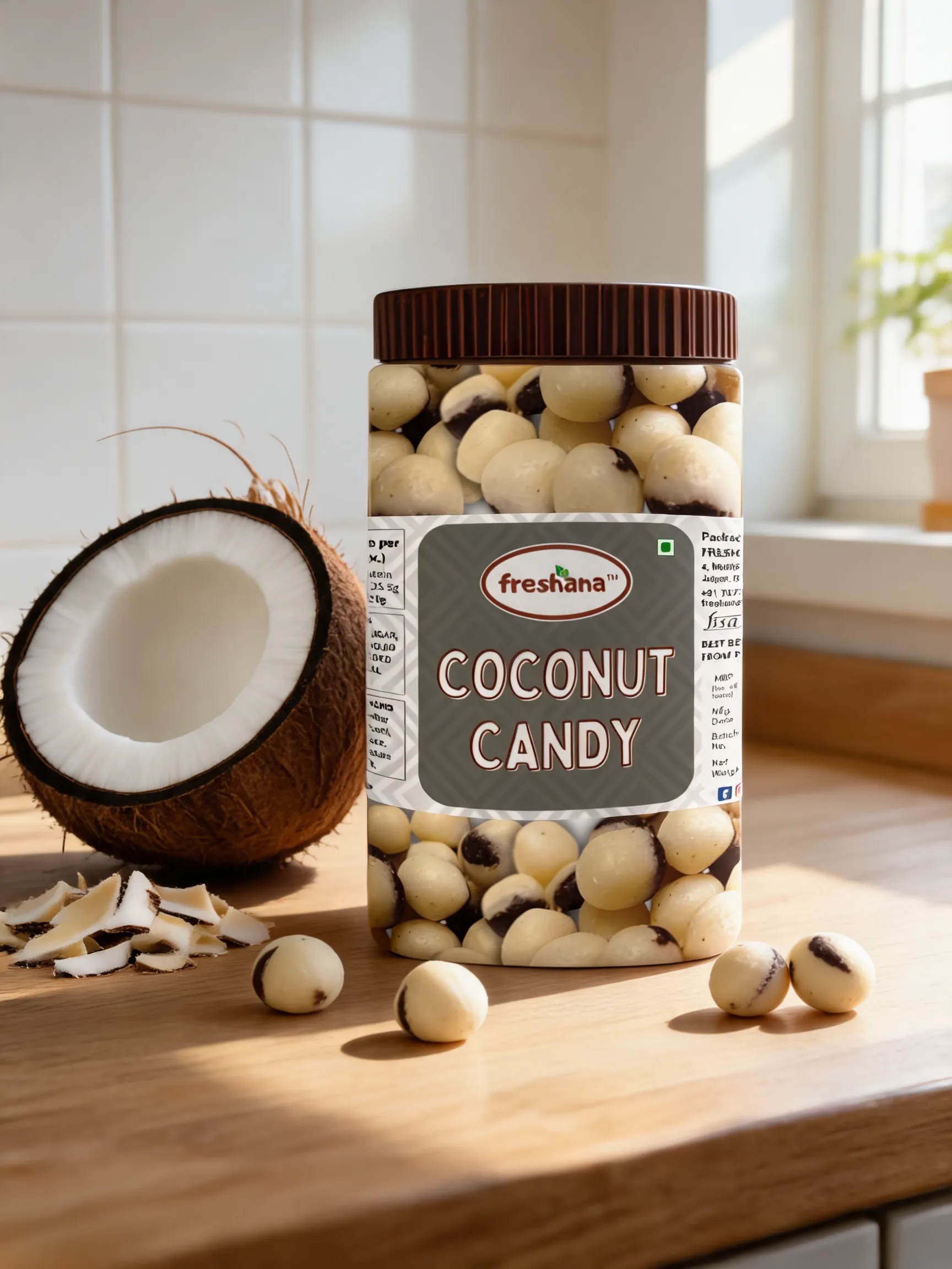 this is a coconut candy, made out of real coconut, create a catchy attractive image for this product, add some related coconut background