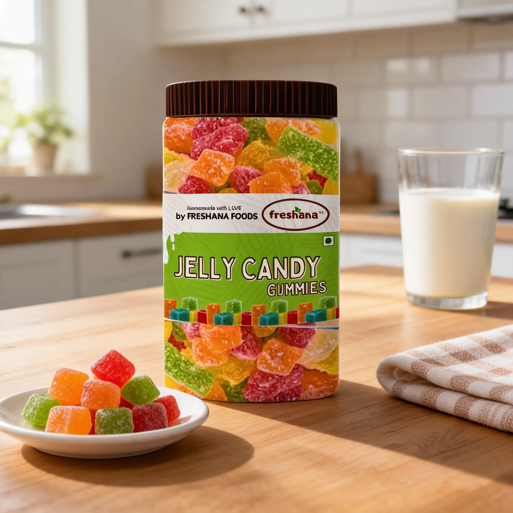this is a fruit jelly candy, made out of real jelly, create a catchy attractive image for this product, add some related coconut background