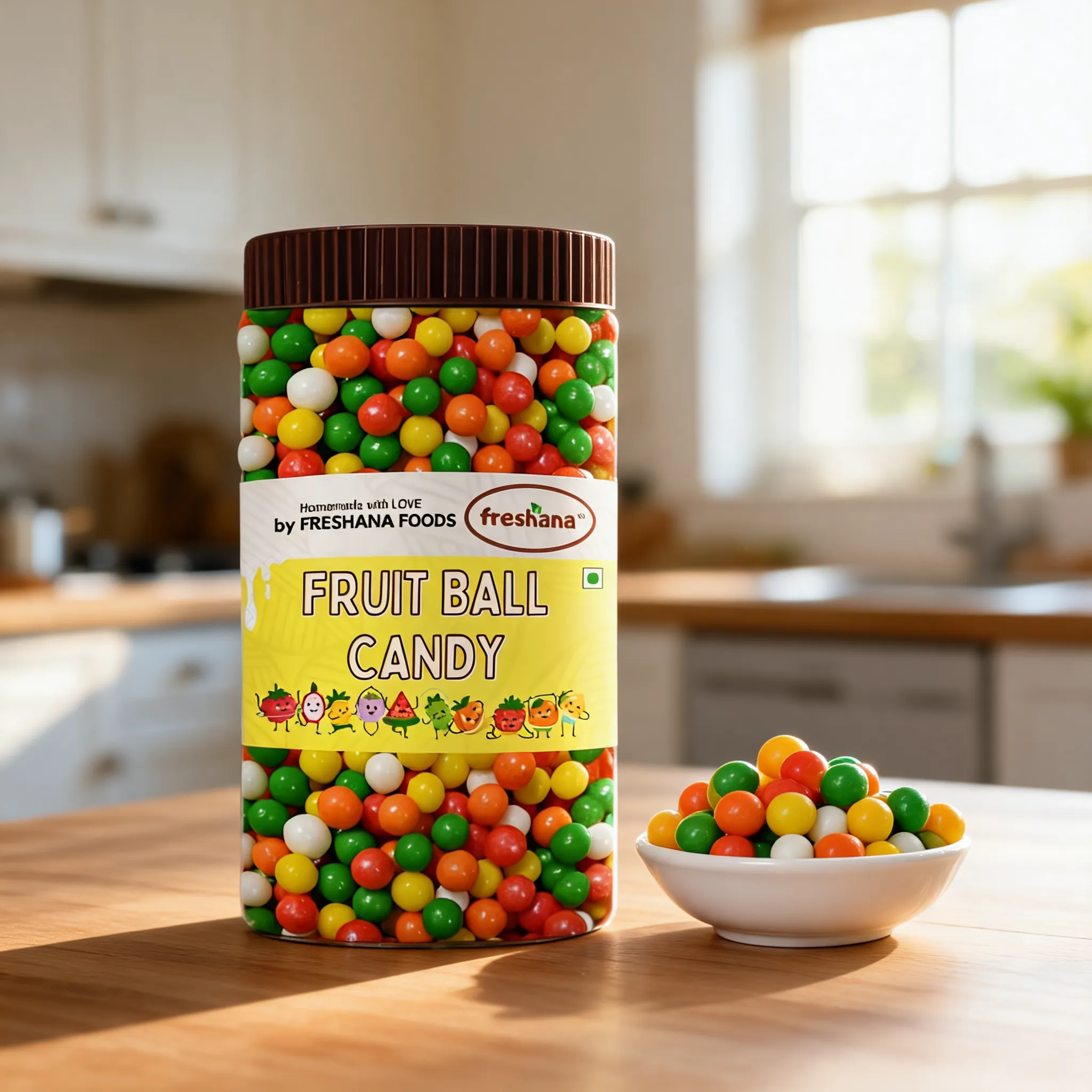 this is a fruitball candy, made out of real fruit, create a catchy attractive image for this product, add some related coconut background